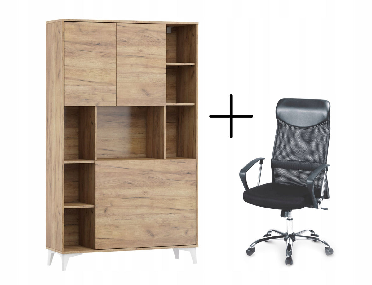 Reclining desk bookcase MEGAN 2 craft gold + Desk chair VIRE black
