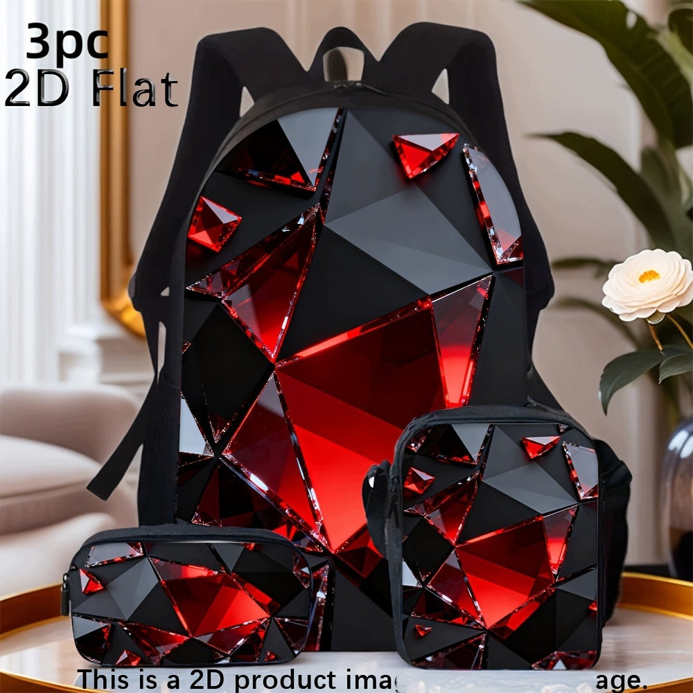 Red Black Geometric Triangle Print 3-Piece Backpack Set with Crossbody Bag and Pencil Case