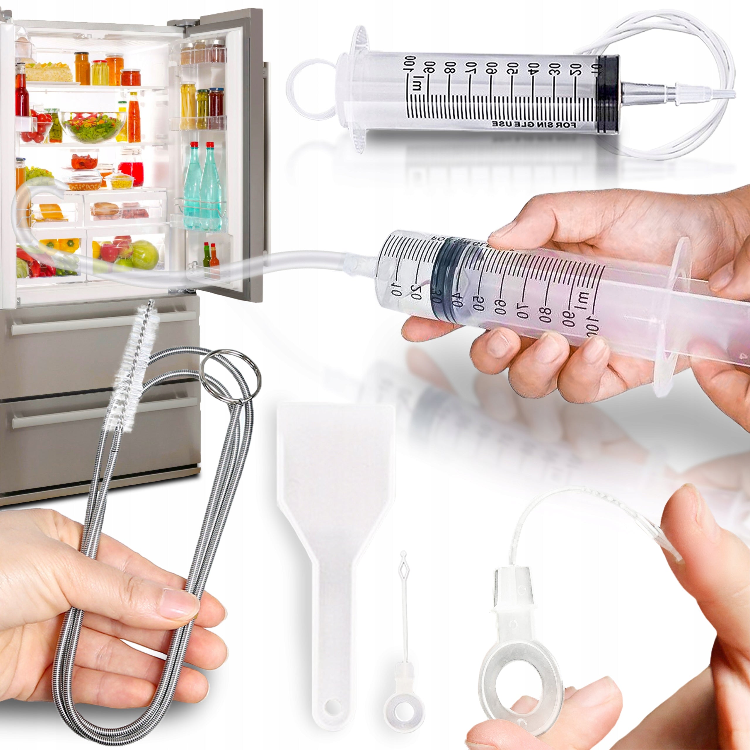 Refrigerator Drain Cleaning Kit Syringe Clearer Hose 5in1