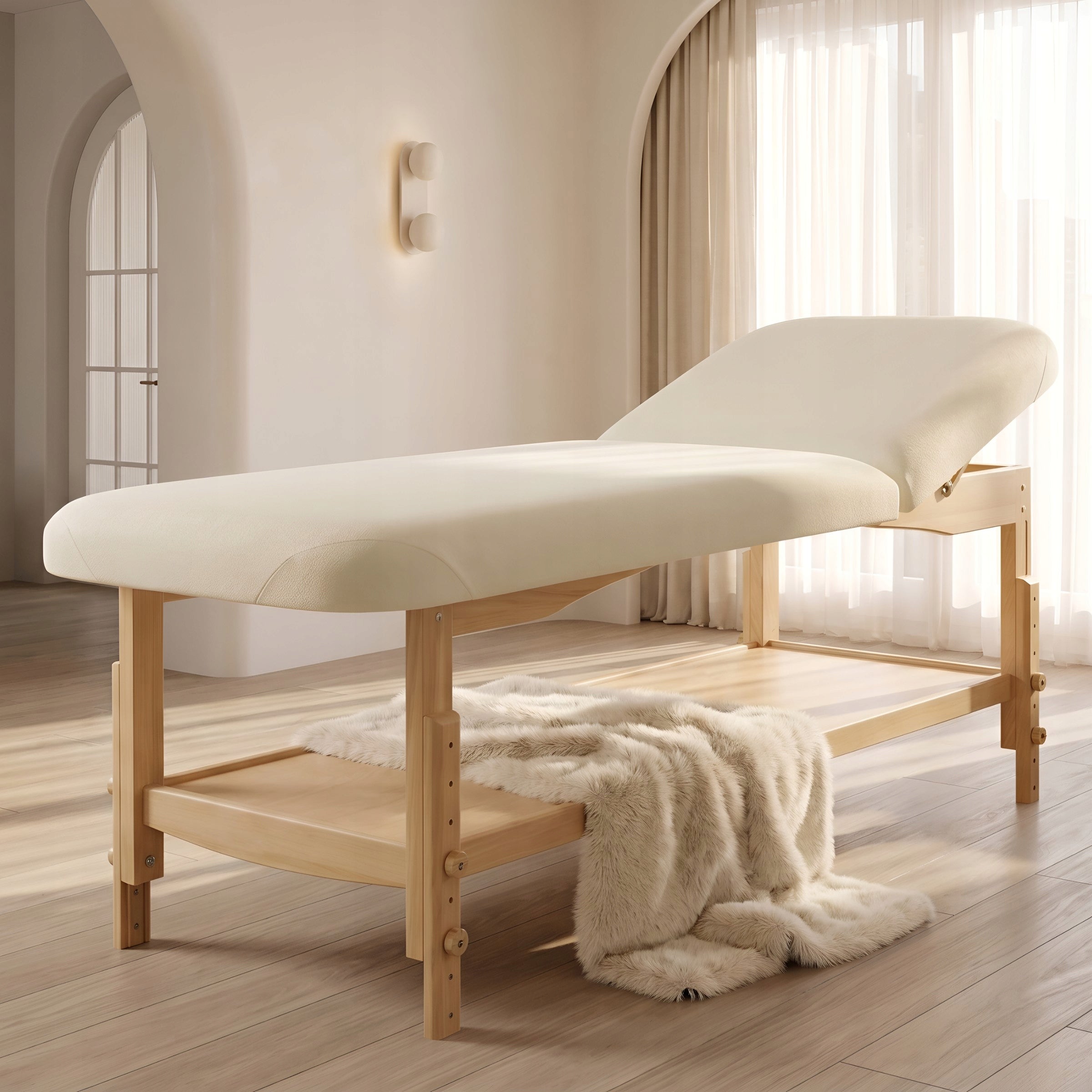 Rehabilitation Massage Couch Wooden Nova 70 Cm With Shelf Adjustable Ecru Frame material wood