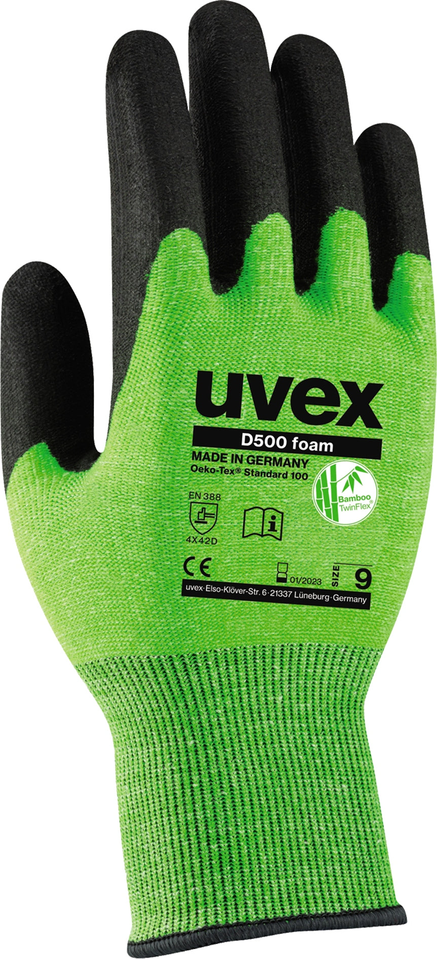 Handschuhe Uvex D500 Foam, Schnittfestigkeit Stufe D, Dyneema Diamond, Stahl, Polyamid. HPE-Handflächenbeschichtung. Größe 8