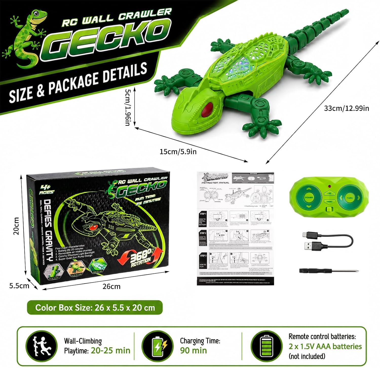 Remote Controlled Lizard Green Crawling Gecko LED Walking Glowing Manufacturer code GEKON NA PILOTA 35 CM