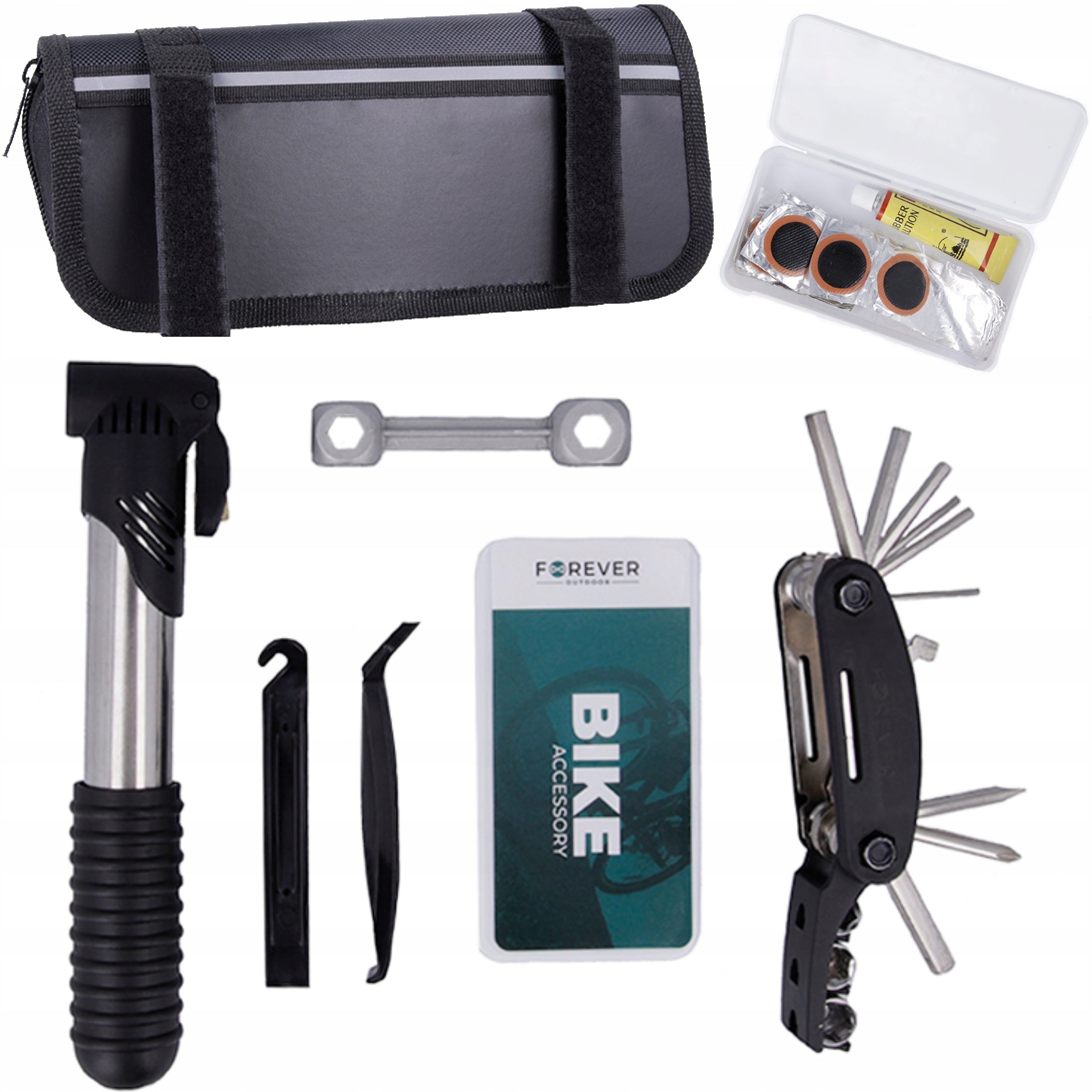 Repair kit for bike multitool pump imbus patches in Velcro frame case