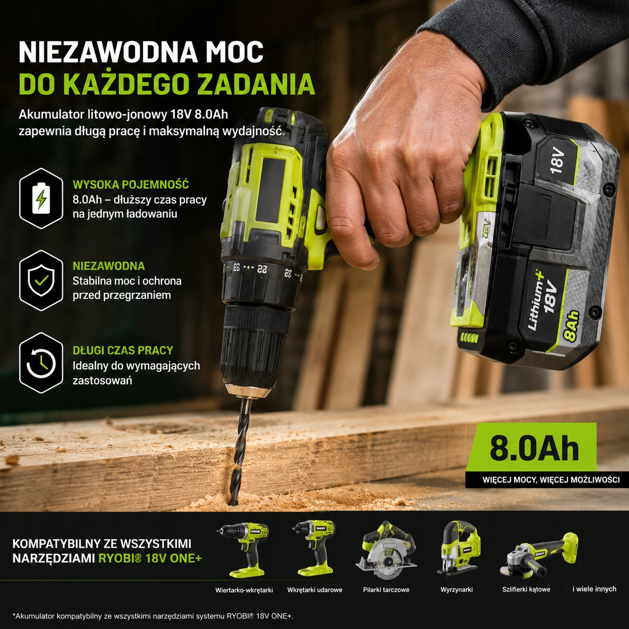 Replacement battery 18V 8Ah Ryobi ONE+ P102 P108 P118 P190, large capacity Brand no brand