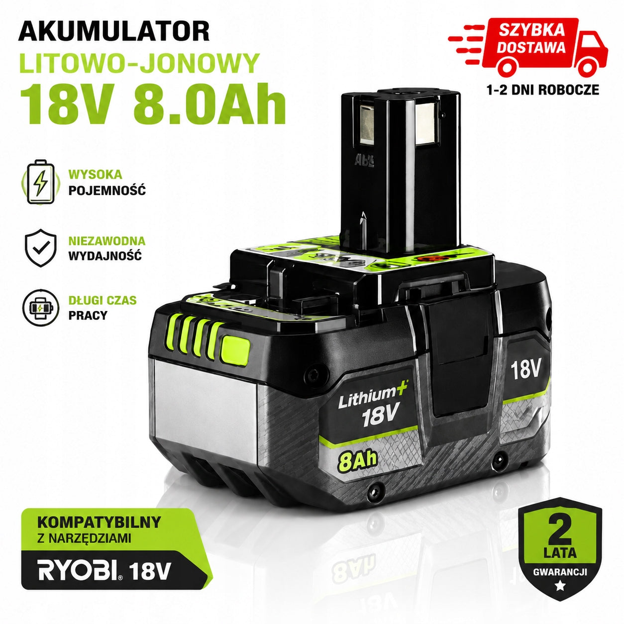 Replacement battery 18V 8Ah Ryobi ONE+ P102 P108 P118 P190, large capacity