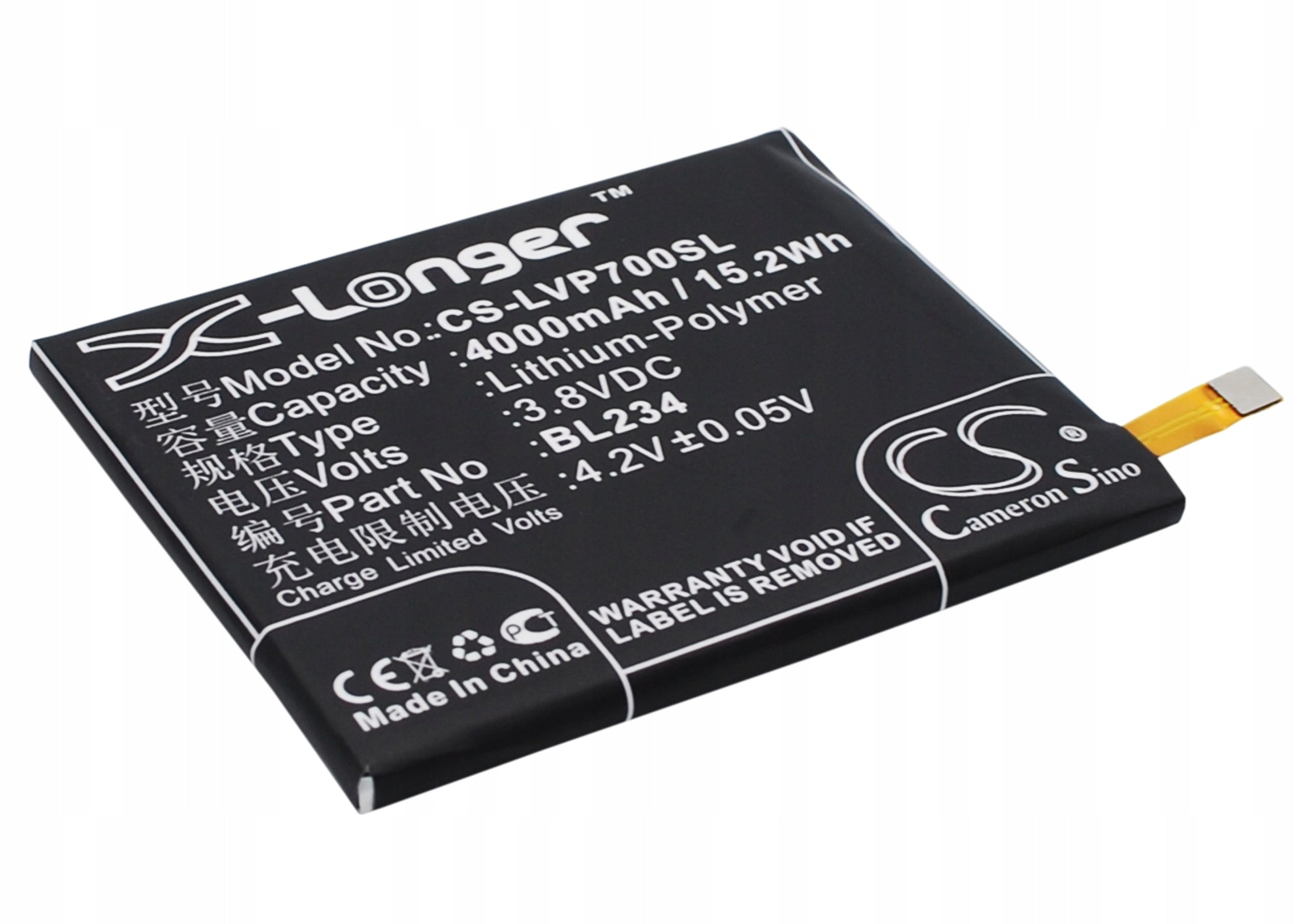 Replacement battery for Lenovo A5000 DUAL / BL234 4000 mAh Li-Polymer 3.8 V (Ca Manufacturer code P1MA40
