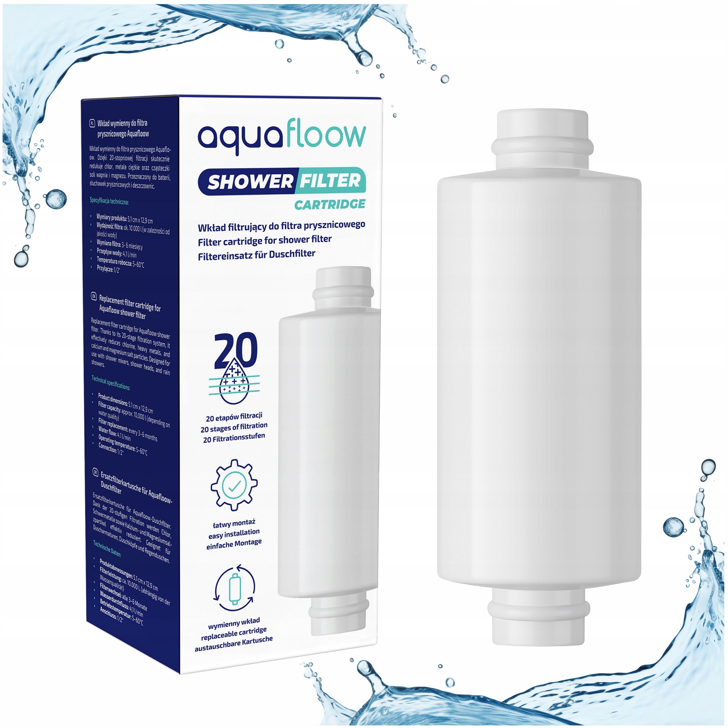 Replacement cartridge for AquaFloow water softening shower filter - 1x