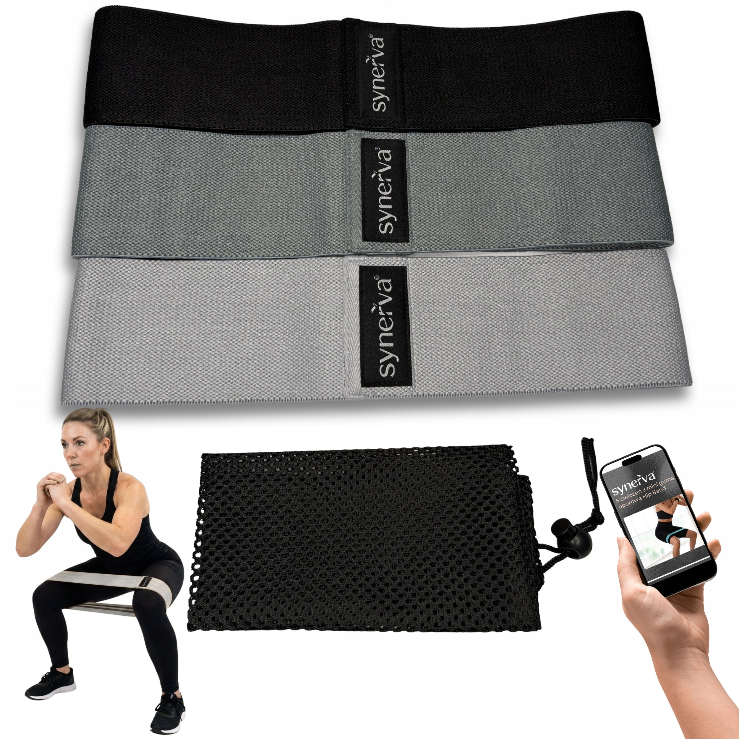 Resistance Rubber Material 3pcs Hip Band Fabric Grey Synerva + eBook