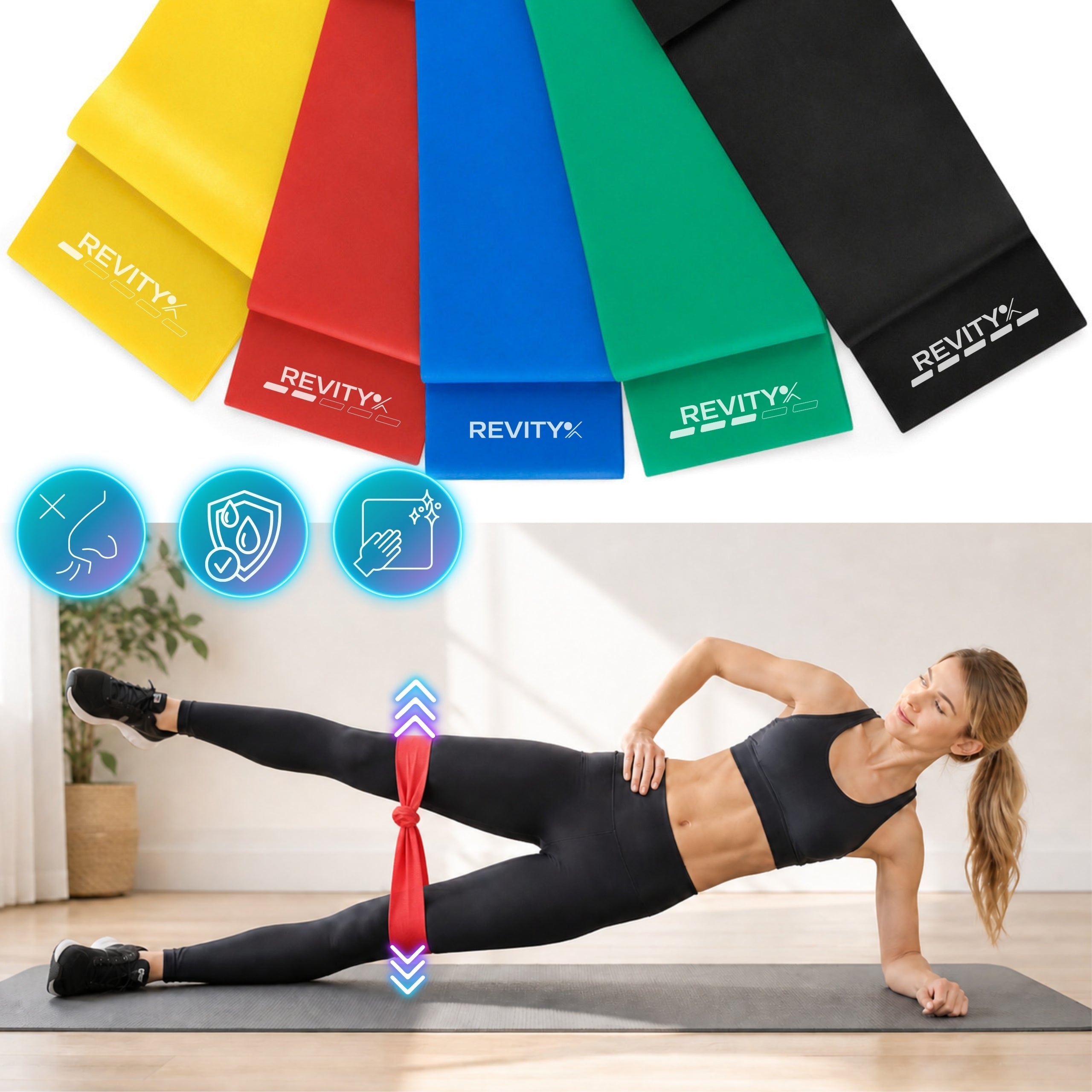 Resistance Rubbers for Exercise Rehabilitation Tape Set Rubber FLAT BAND +Exercises Manufacturer code RB-FB-5-1-15 Długie gumy do ćwiczeń Zestaw 5
