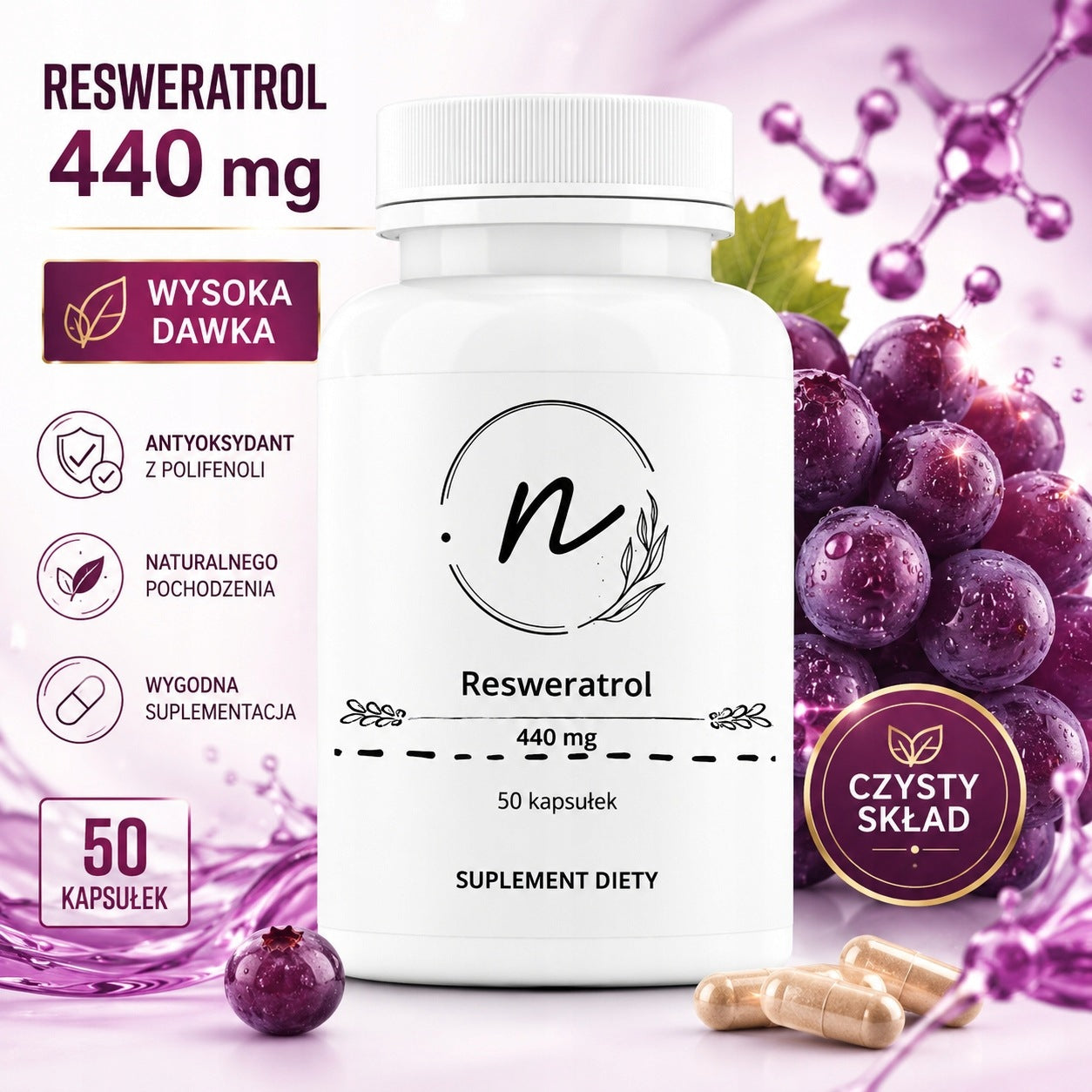 Resveratrol 440 mg NaturePro 50 capsules heart immunity mega dose Expiration date at least 1 year from the date of purchase