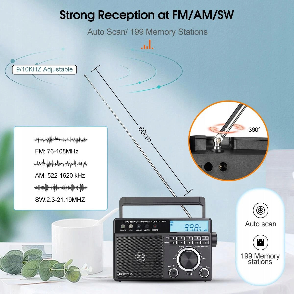 Retekess TR629 Portable Radio, Network-Battery, AM FM SW, USB/TF Manufacturer code F9262A