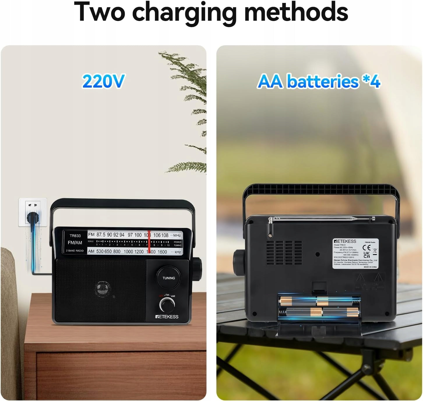 Retekess TR633 Portable Radio,AM FM Kitchen Radio, Large Speaker (Black) Manufacturer code F9268A