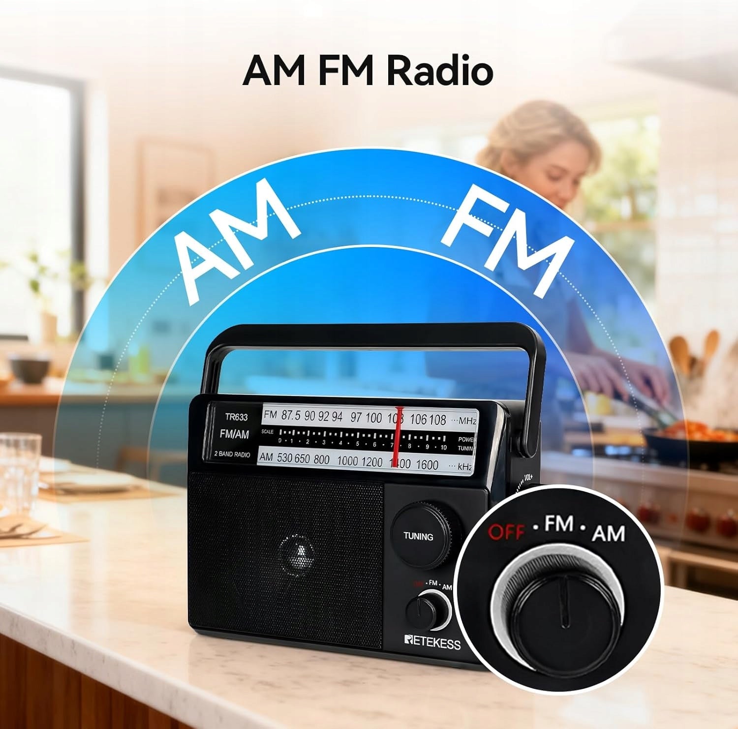 Retekess TR633 Portable Radio,AM FM Kitchen Radio, Large Speaker (Black) Packaging status original