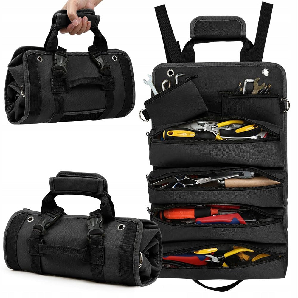 Retractable tool bag, tool bag with 4 large compartments