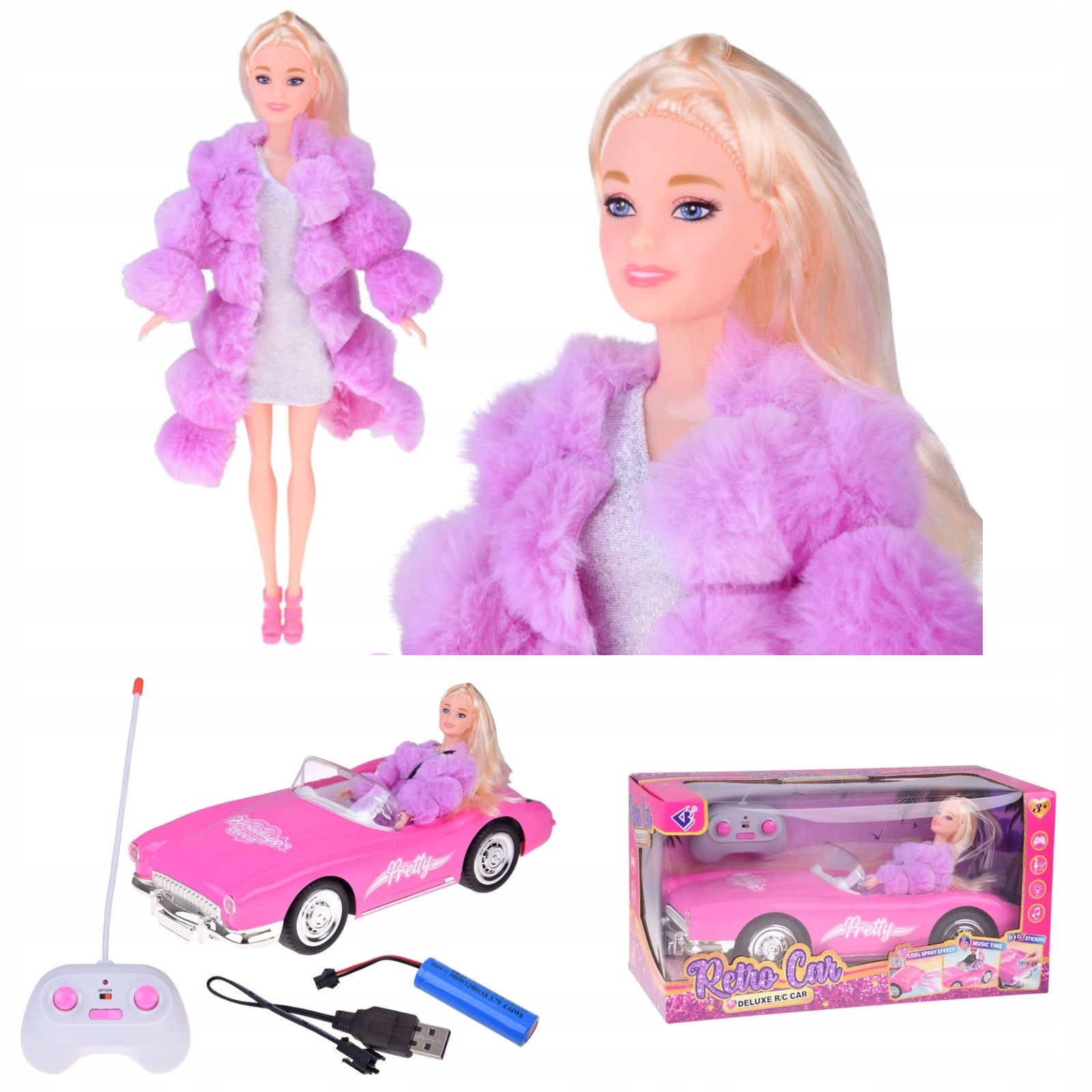Retro Cadillac car for remote control + elegant doll in fur RC0745