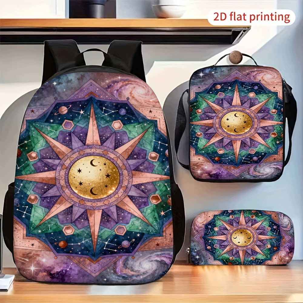 Retro Celestial Sun Moon Star Pattern 3-Piece Backpack Set