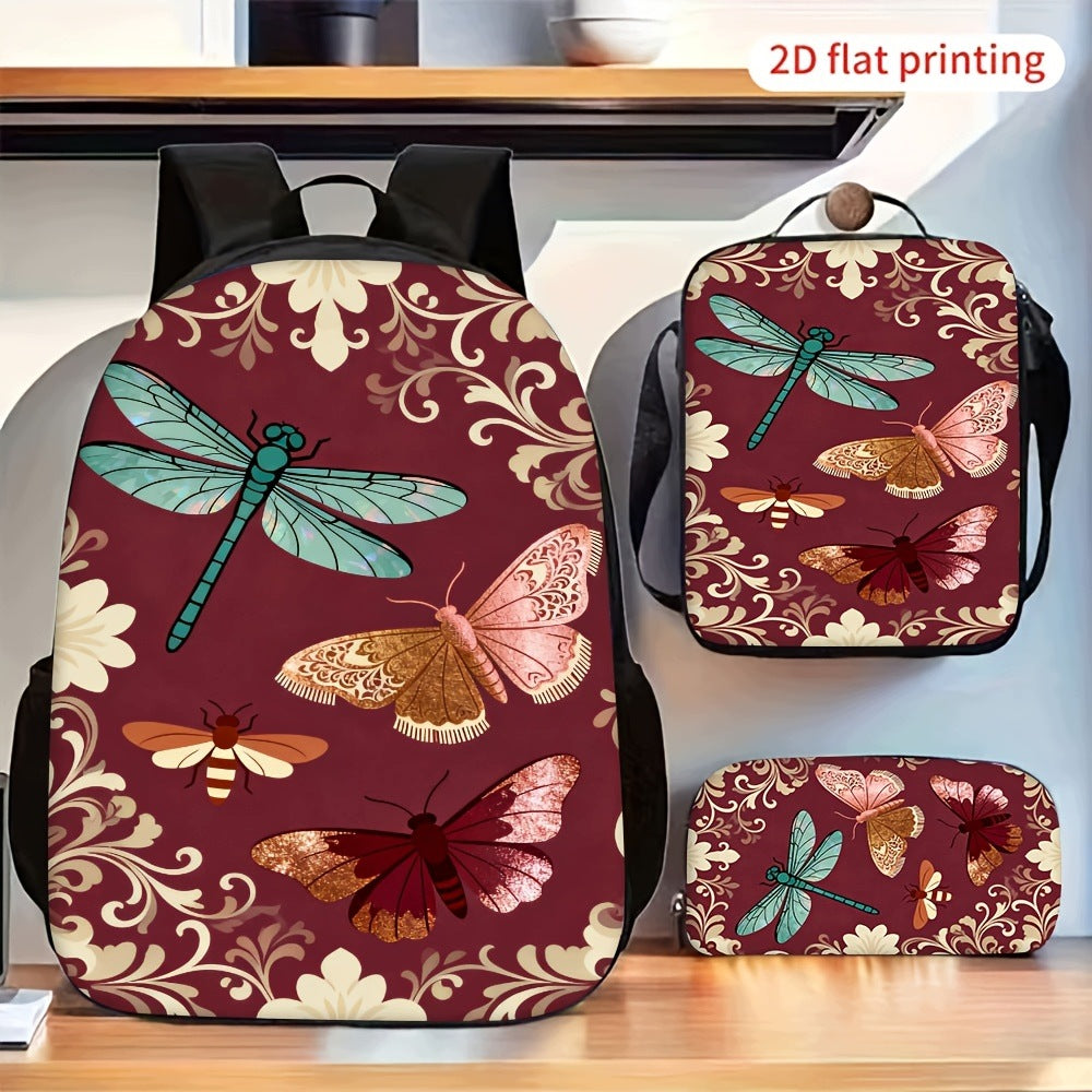 Retro Dragonfly Moth Insect Print 3-Piece Backpack Bag Set
