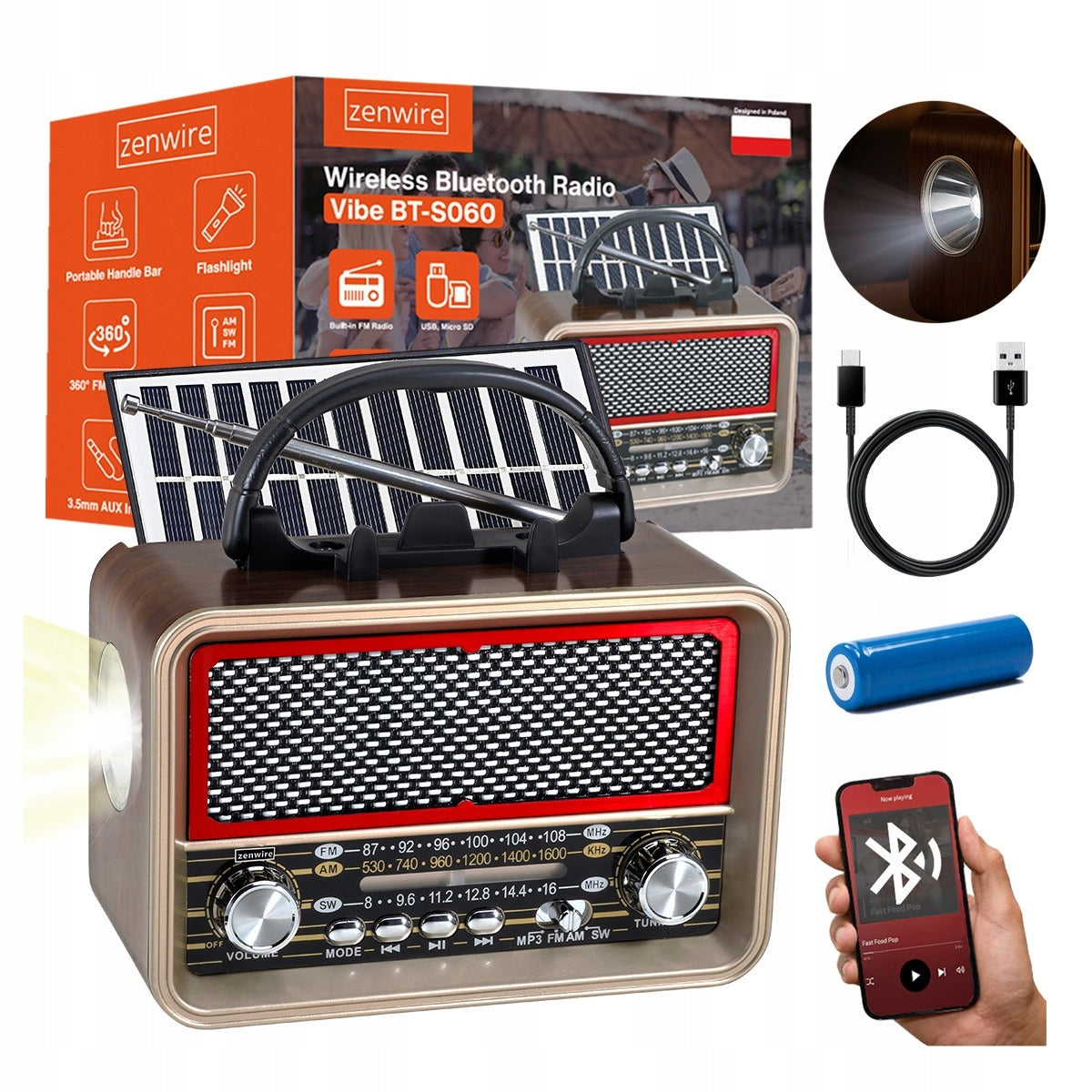 Retro FM Solar Bluetooth Radio Portable Battery Operated Kitchen USB-C Antenna
