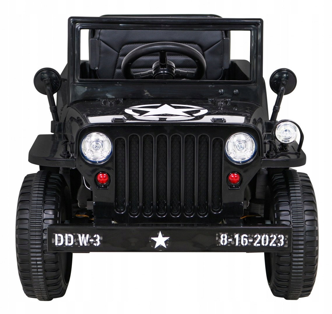 Retro Military Car for Kids Black + 4x4 Drive + Remote Control + 2 Trunks + Brand Ramiz
