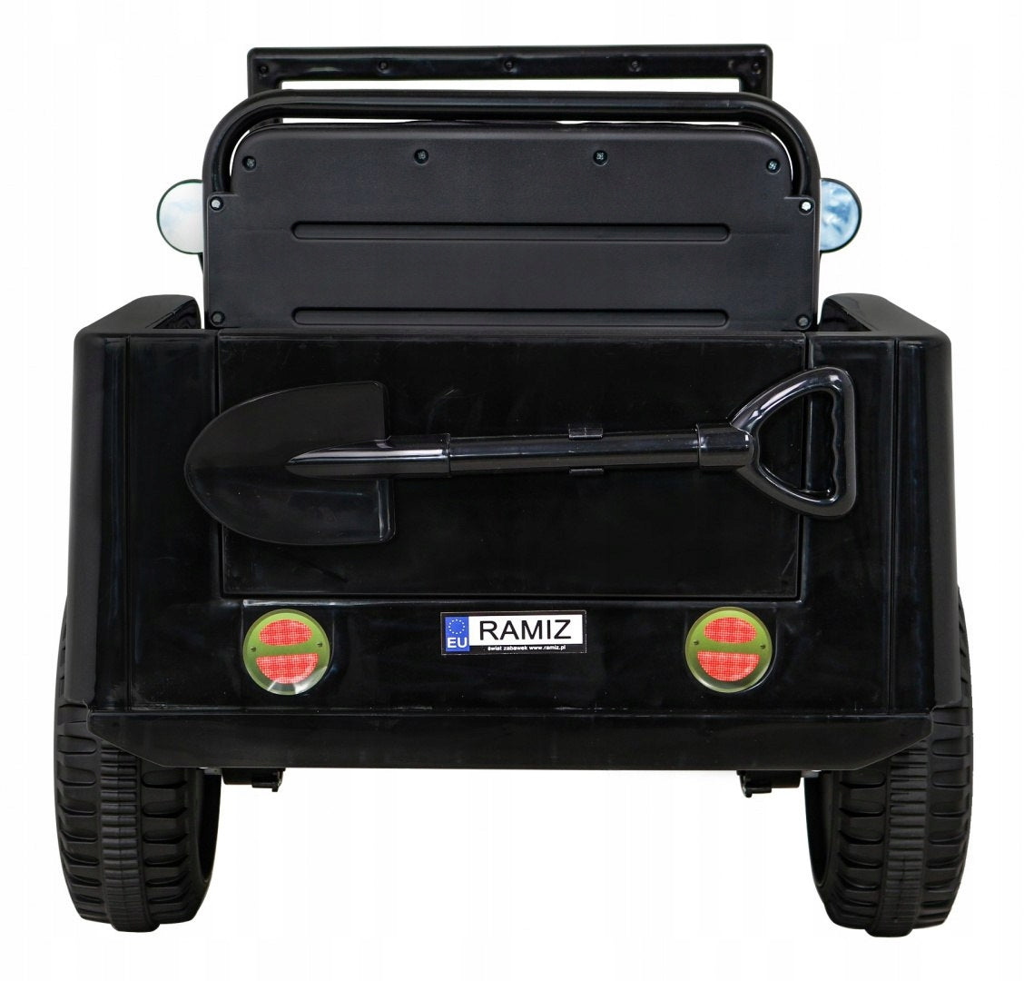 Retro Military Car for Kids Black + 4x4 Drive + Remote Control + 2 Trunks + Kid's age 3+ years