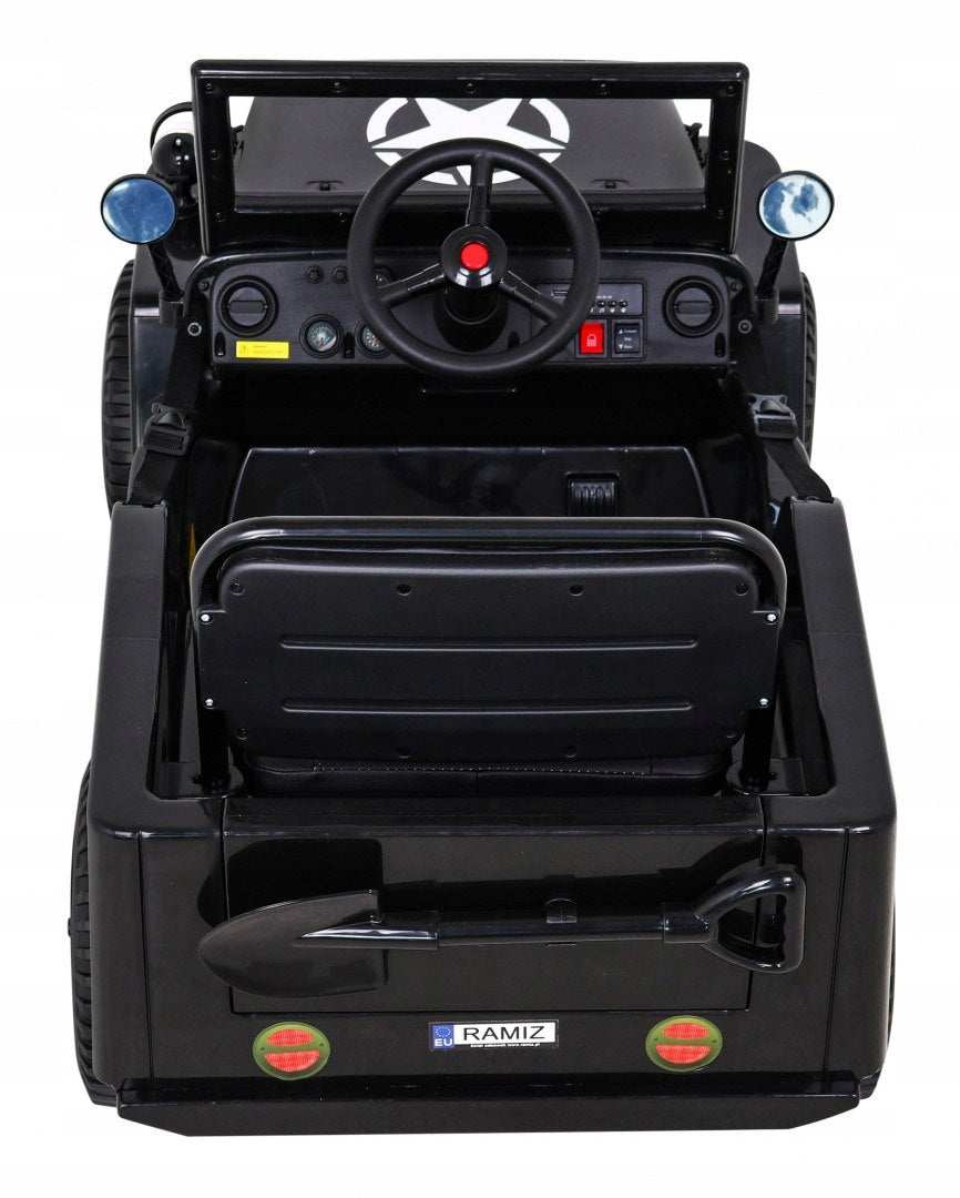 Retro Military Car for Kids Black + 4x4 Drive + Remote Control + 2 Trunks + Maximum load 30 kg