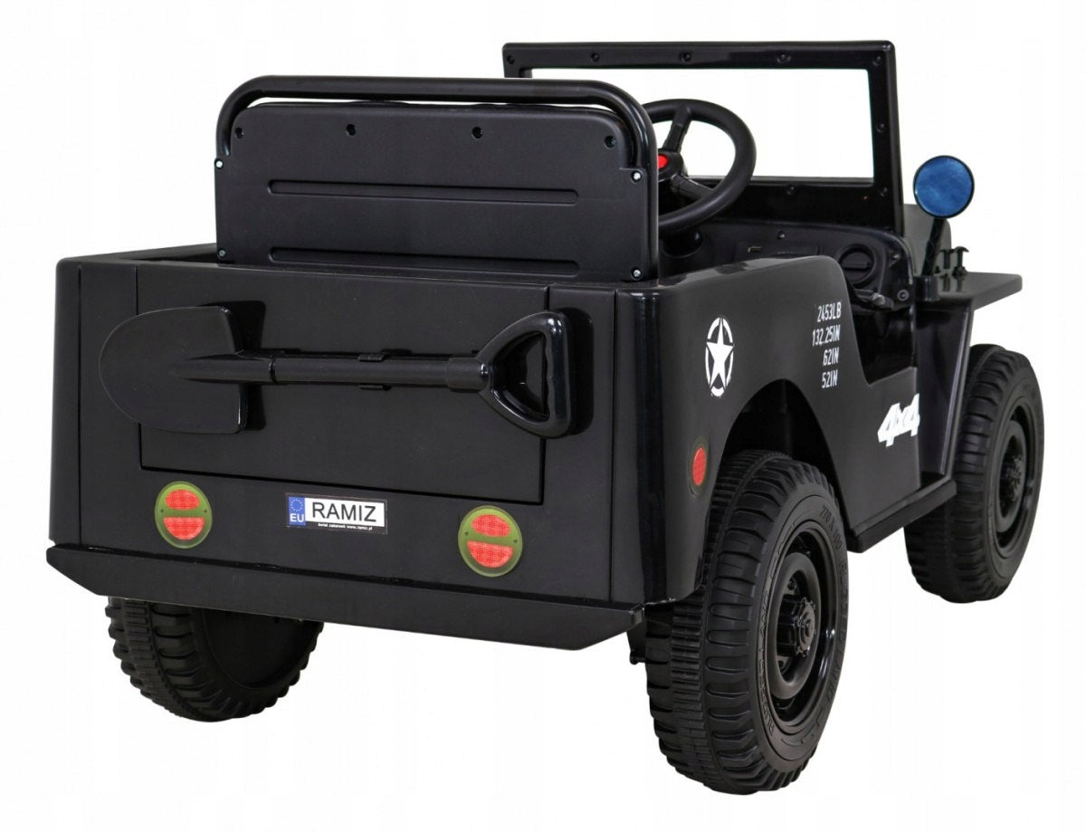 Retro Military Car for Kids Black + 4x4 Drive + Remote Control + 2 Trunks + Vehicle length 110 cm