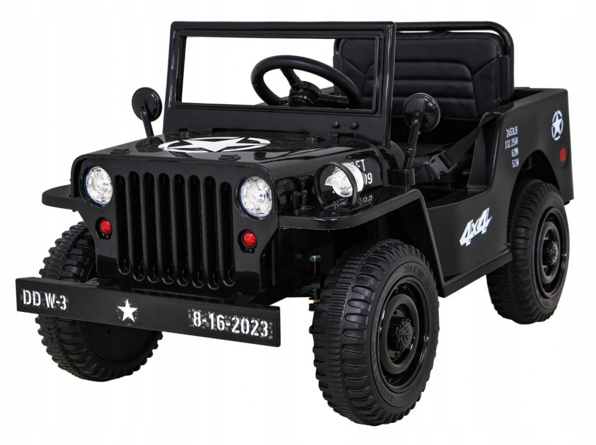 Retro Military Car for Kids Black + 4x4 Drive + Remote Control + 2 Trunks +