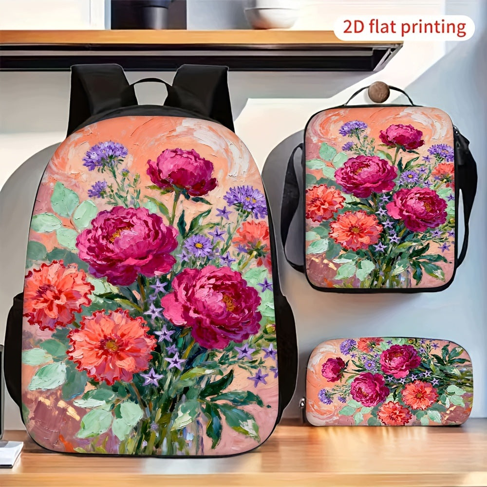 Retro Peony Flower Print 3-Piece Backpack Set