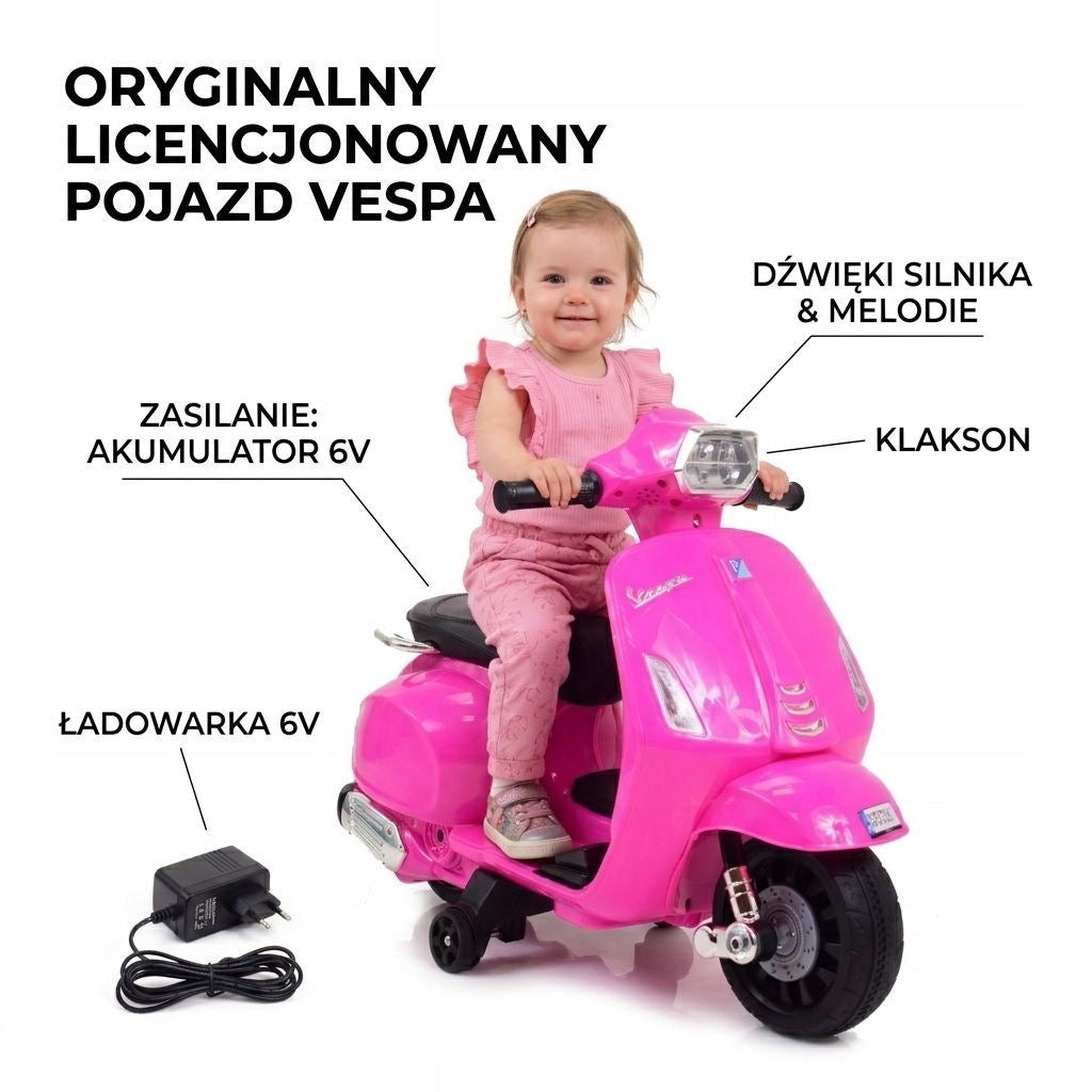 Ride-on scooter Vespa pink for battery - original license, 6V, 18m+