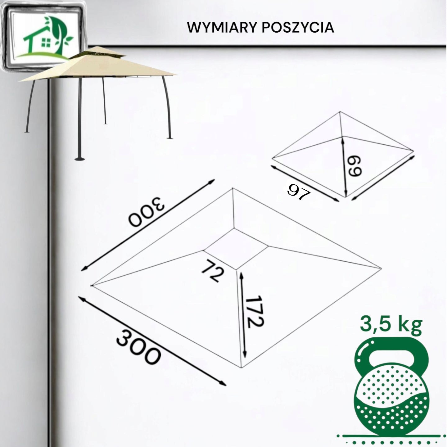 Roof for garden pavilion roof 300 cm x 300 cm 370 gr/m2 SANK HANS Length 3 m