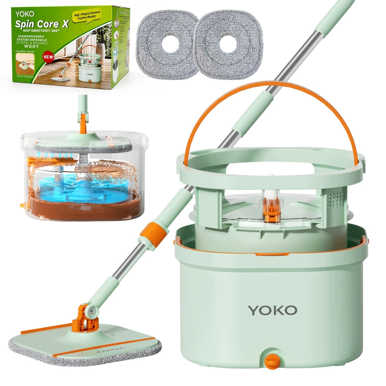 Rotary Mop YOKO Spin Core X Double Chamber Bucket Water Separation + 2 Cartridges