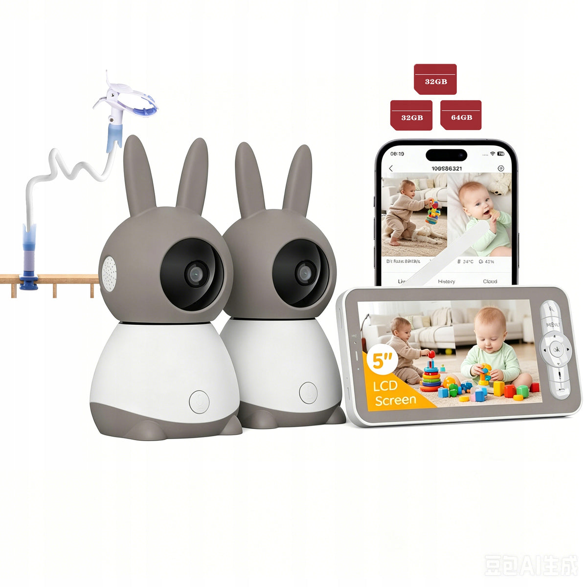 Rotating Baby Monitor Electronic–5"2 Camera Display 2K Baby WiFi Monitor