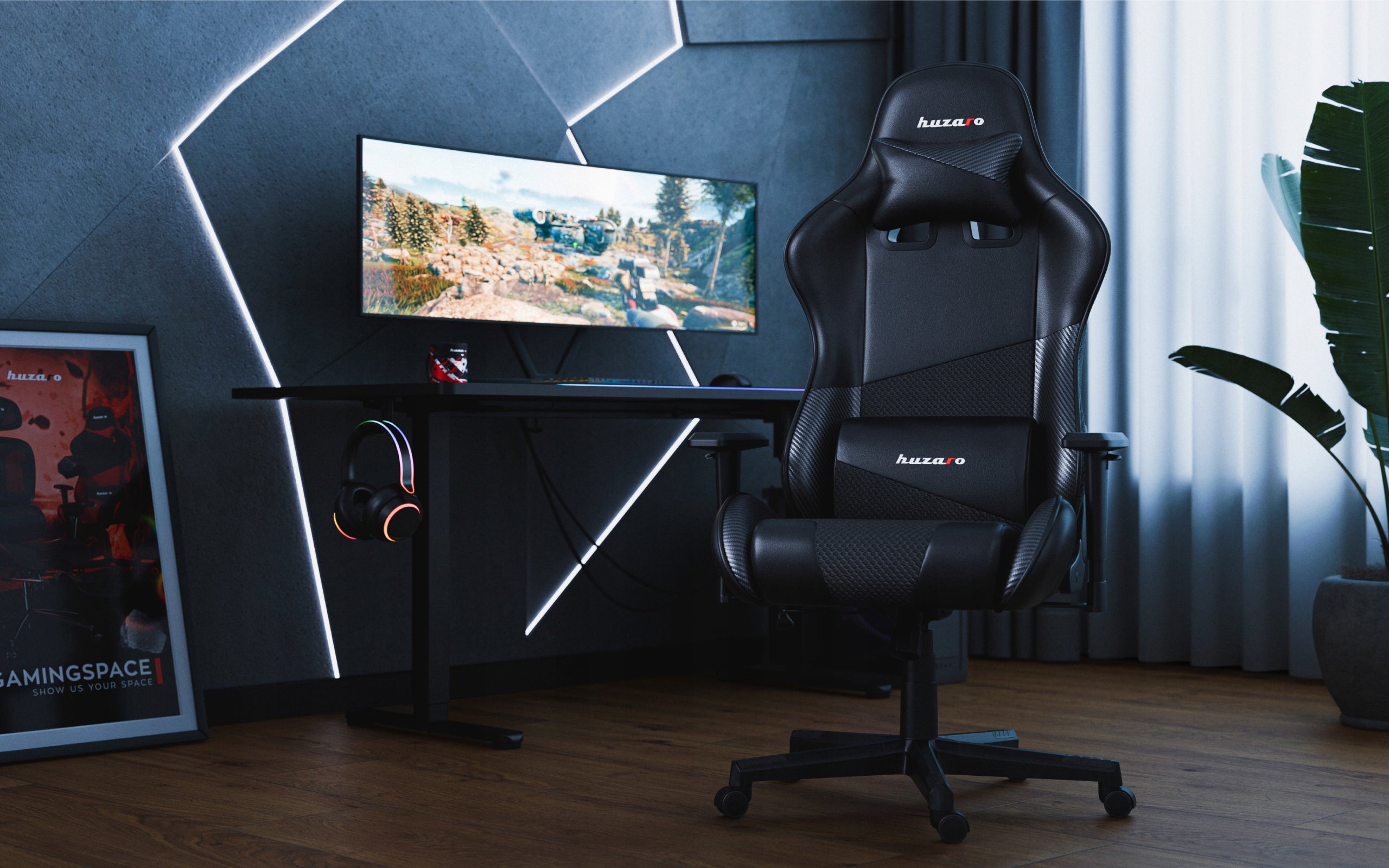 Rotating gaming chair HUZARO black for ergonomic bucket desk Packaging status original