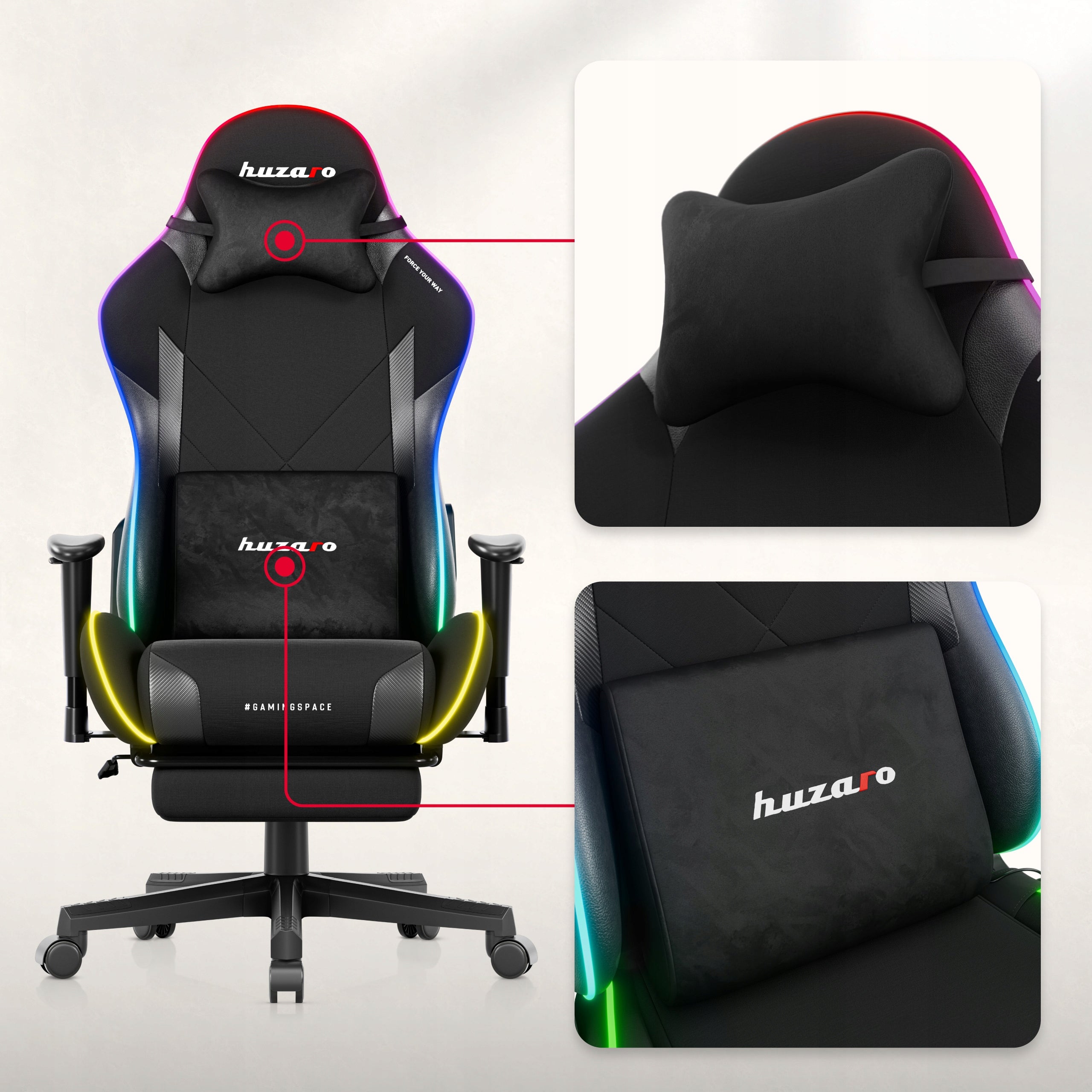 Rotating gaming chair for desk HUZARO black bucket RGB LED footrest Furniture height 133 cm