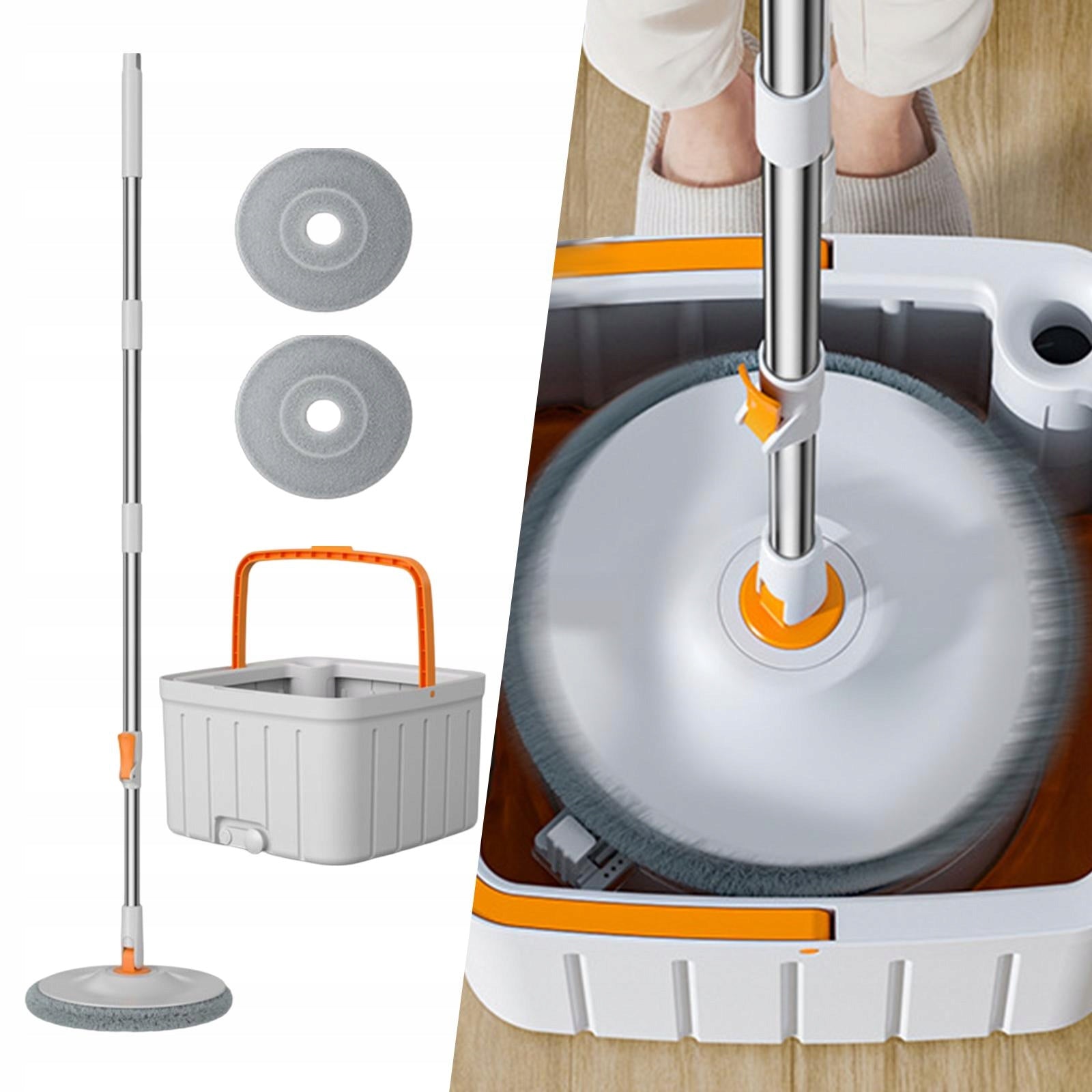Round Flat Floor Mop Bucket Set Spin Mop Telescopic Mop Handle with 2 Pads