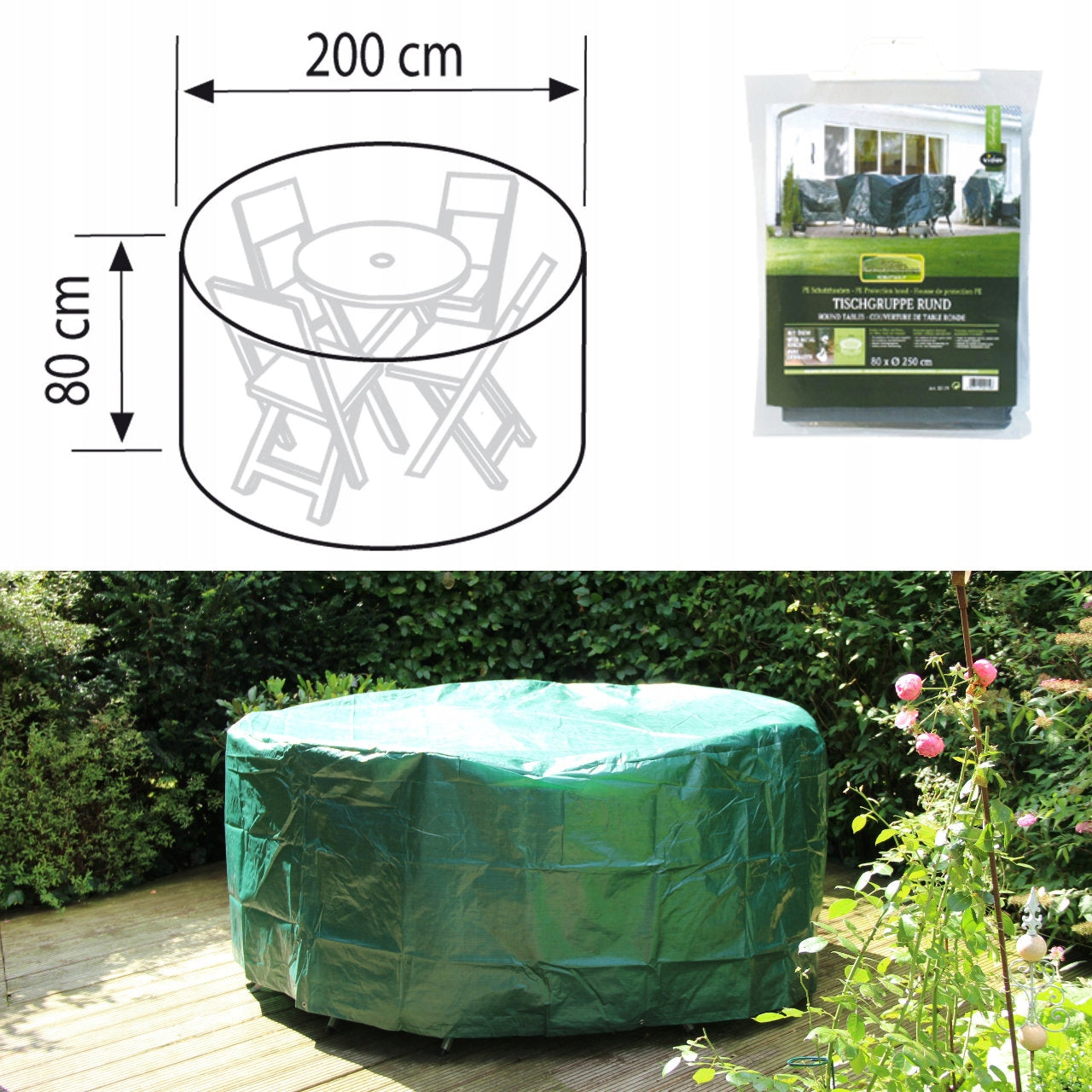 Round garden table cover with PE Ø 200 x 80 cm green