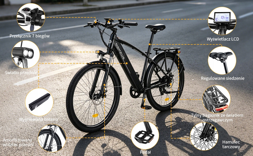 Rower Elektryczny Damski/Męski 27.5'' 250W 36V 12.5Ah 100KM Range Model Ebike-27M204-gray