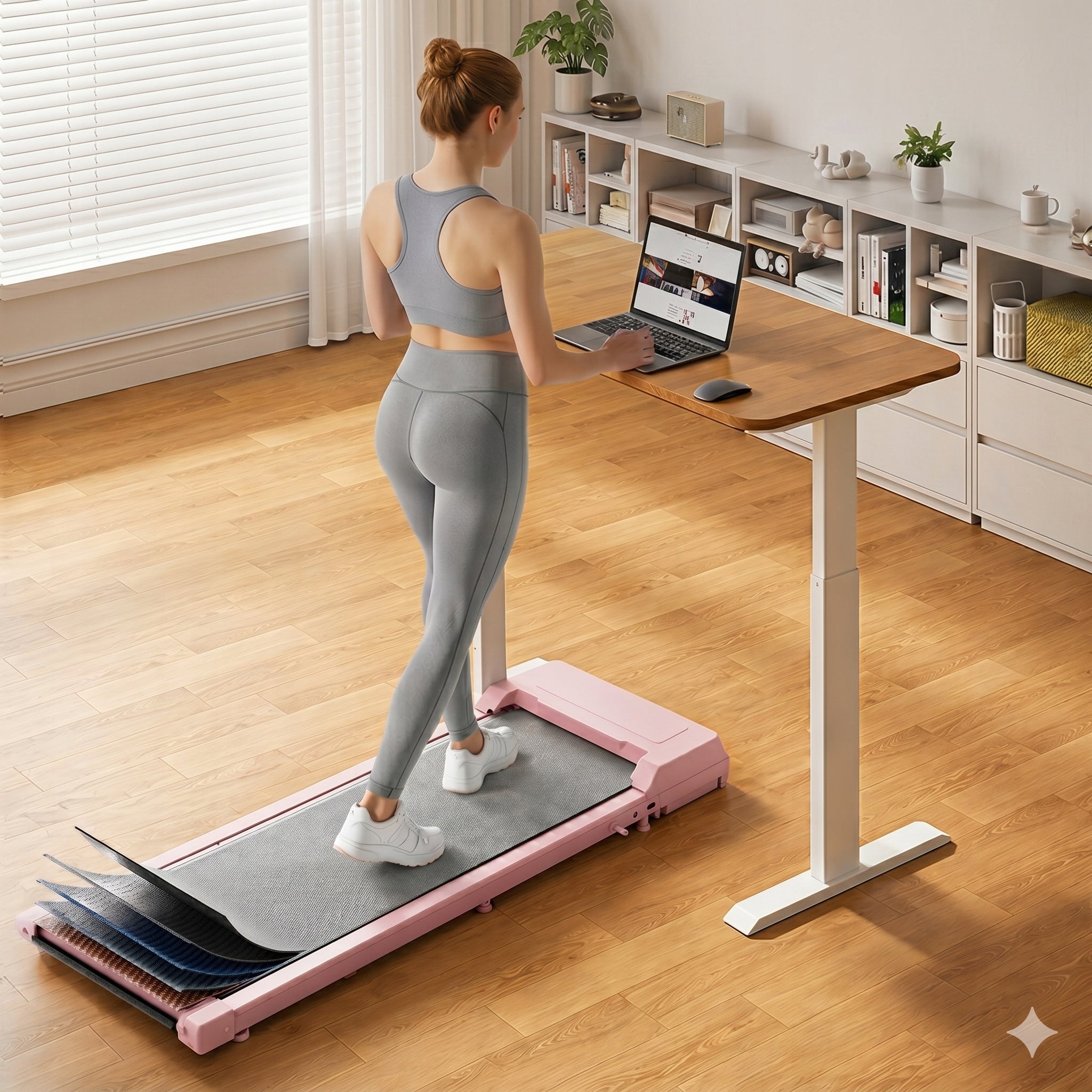 Różowa Bieżnia Pod Biurko Walking Pad Ultra Slim do 6km/h Kinomap Zwift Additional features Bluetooth safety key foldable