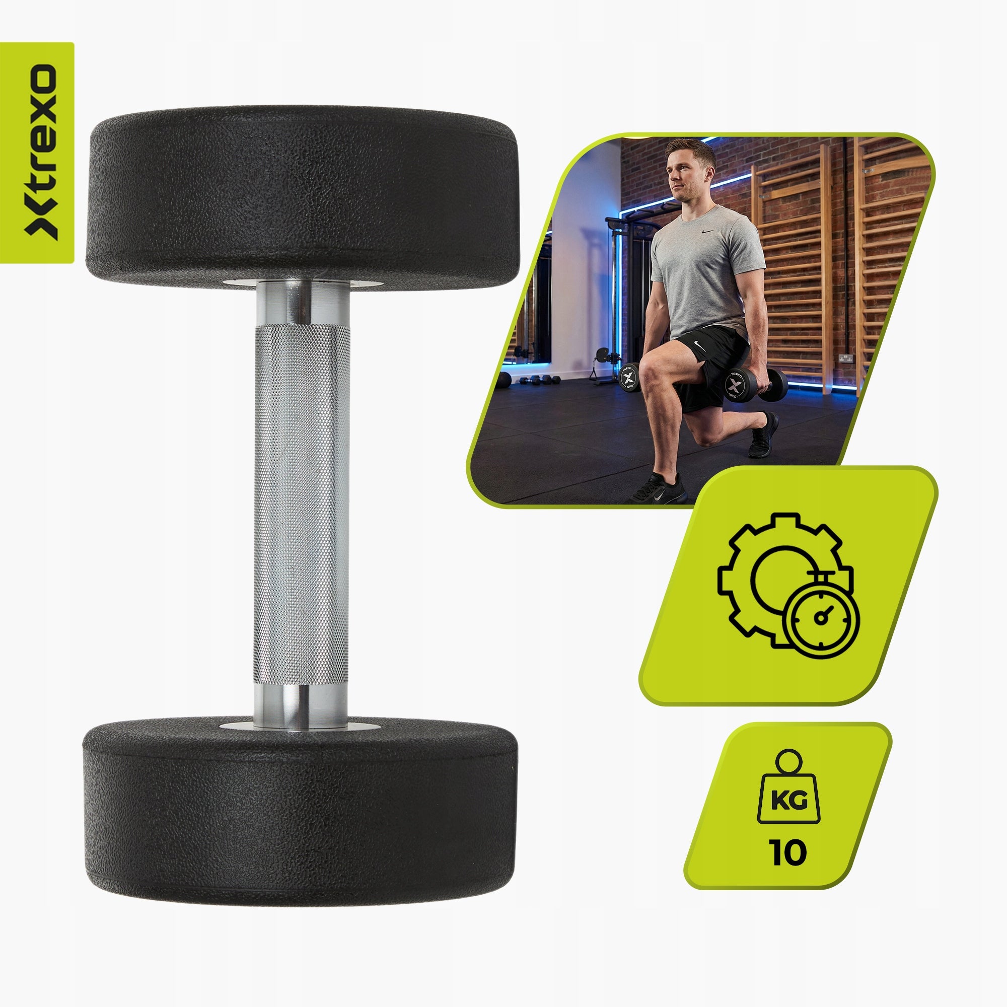 Rubberized cast iron dumbbell / XTREXO Pro 10kg / Solid coated weight Brand Xtrexo