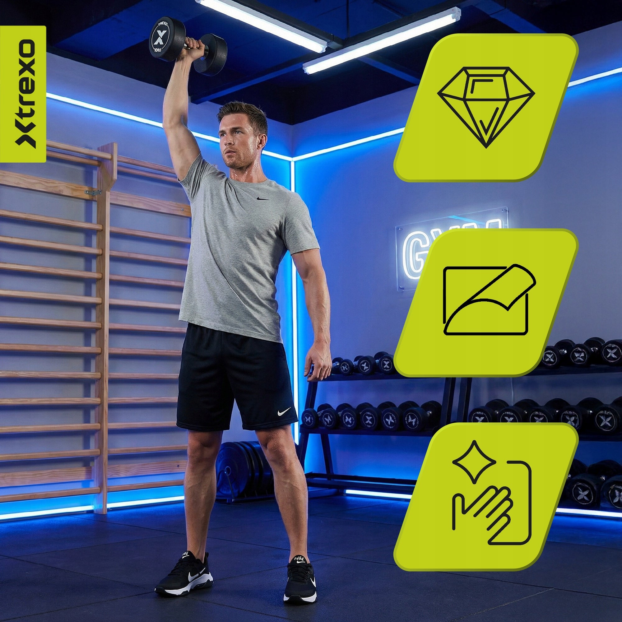 Rubberized cast iron dumbbell / XTREXO Pro 10kg / Solid coated weight Type fixed