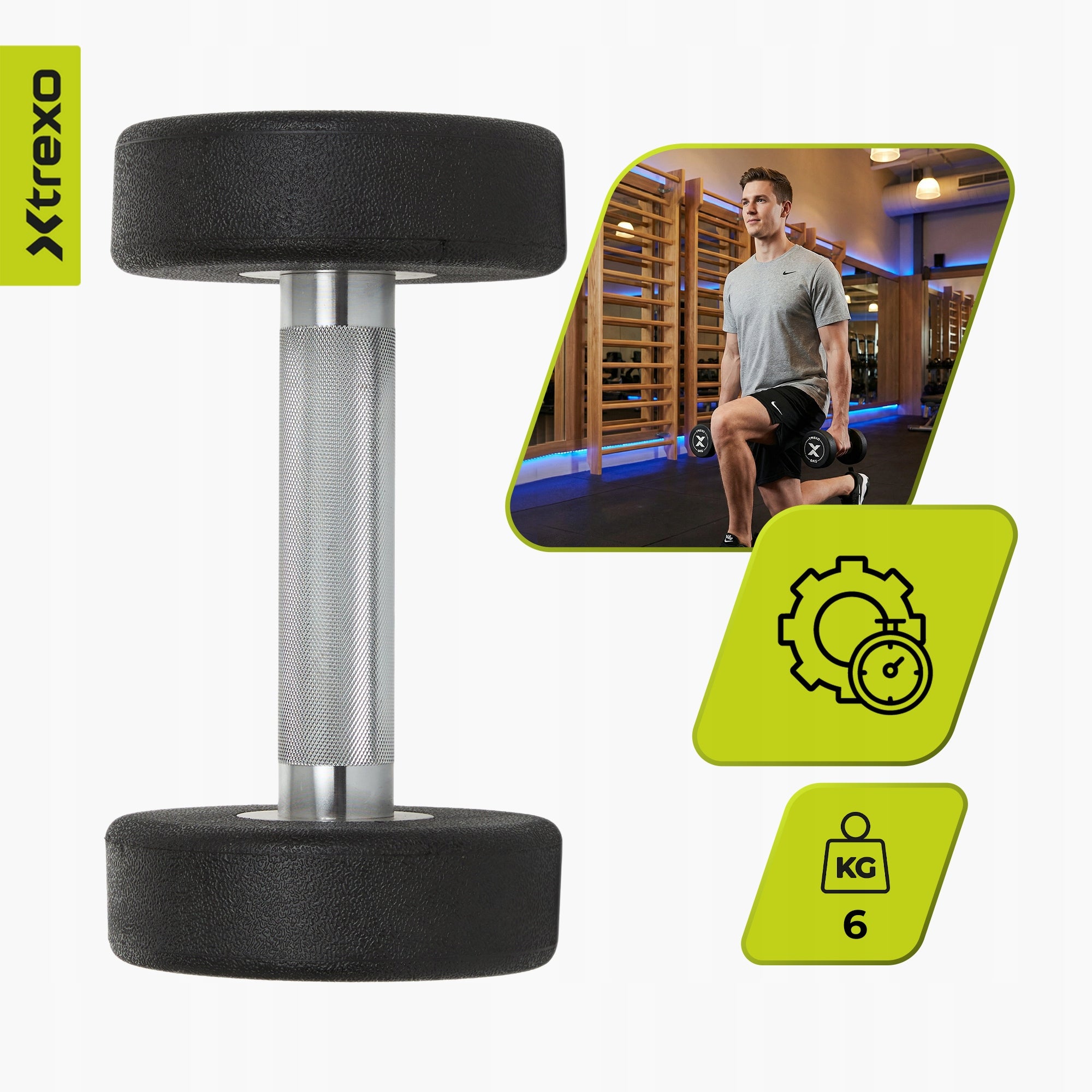 Rubberized cast iron dumbbell / XTREXO Pro 6 kg / coated exercise weight Brand Xtrexo
