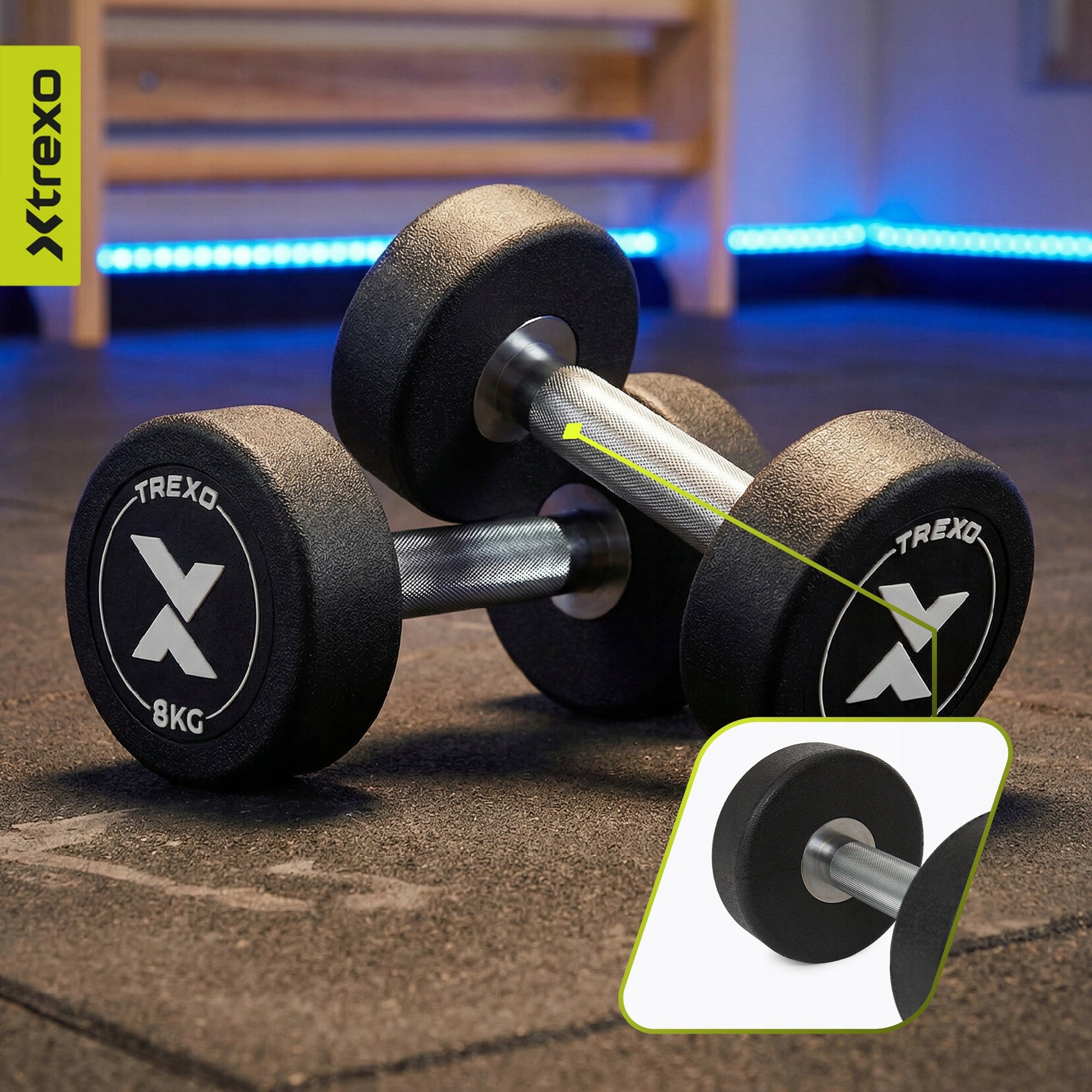 Rubberized cast iron dumbbell XTREXO Pro 8kg black RUBBERIZED FOR TRAINING EXERCISES Model TX0-B4M055