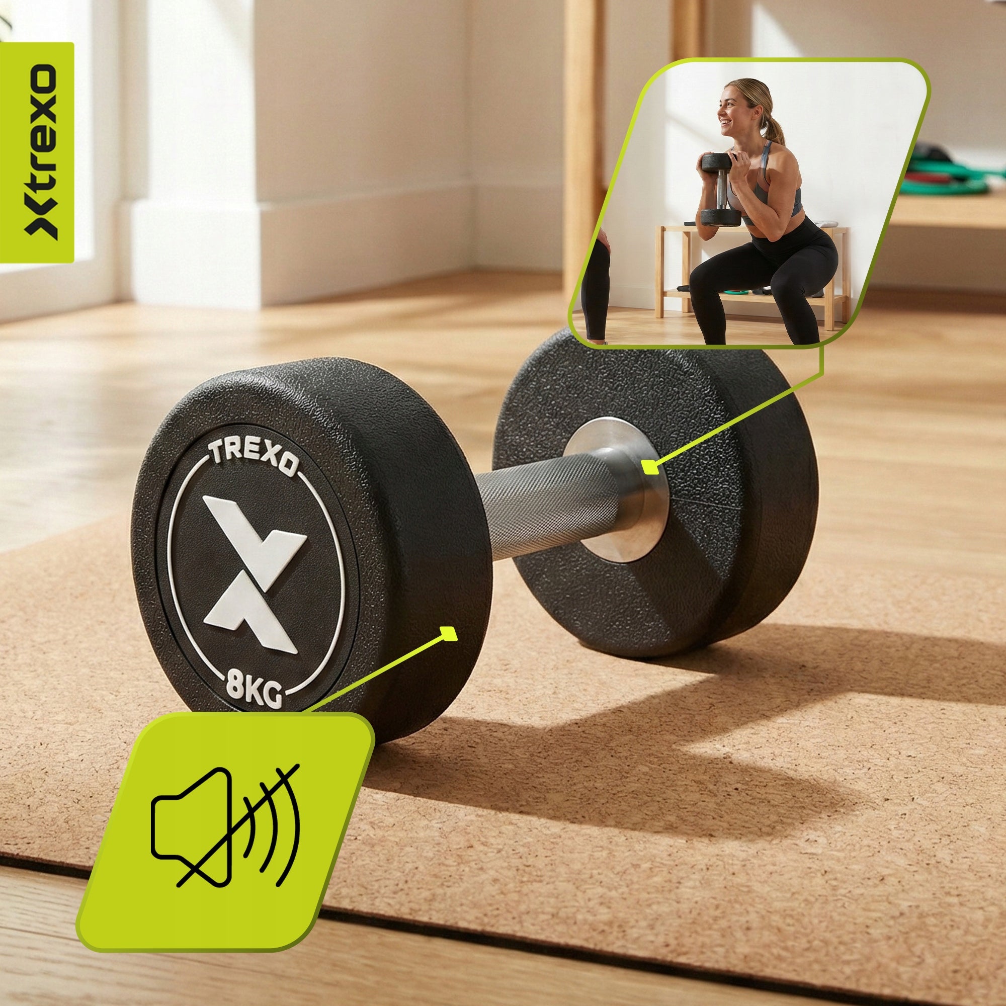Rubberized cast iron dumbbell XTREXO Pro 8kg black RUBBERIZED FOR TRAINING EXERCISES Weight 1x 8 kg