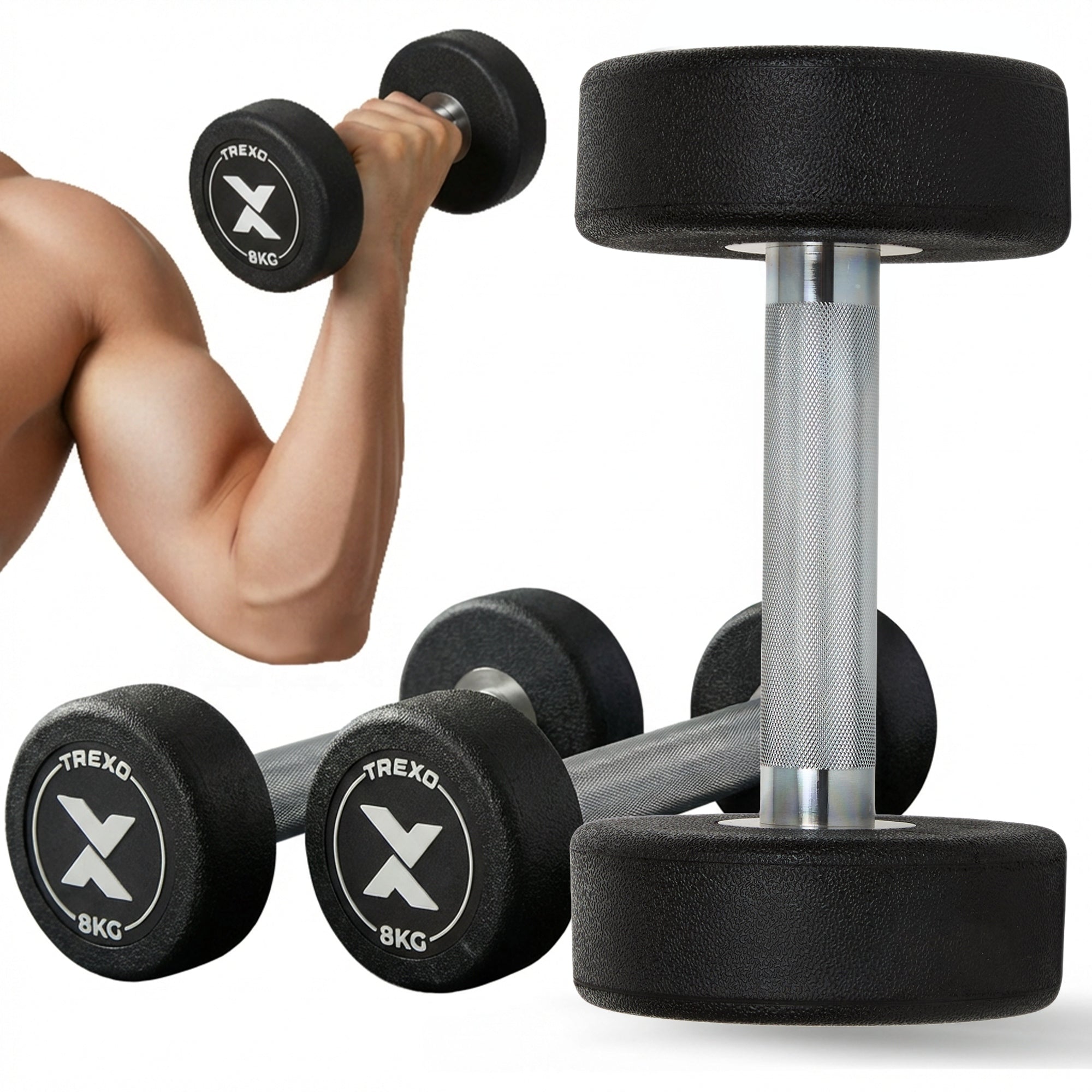 Rubberized cast iron dumbbell XTREXO Pro 8kg black RUBBERIZED FOR TRAINING EXERCISES