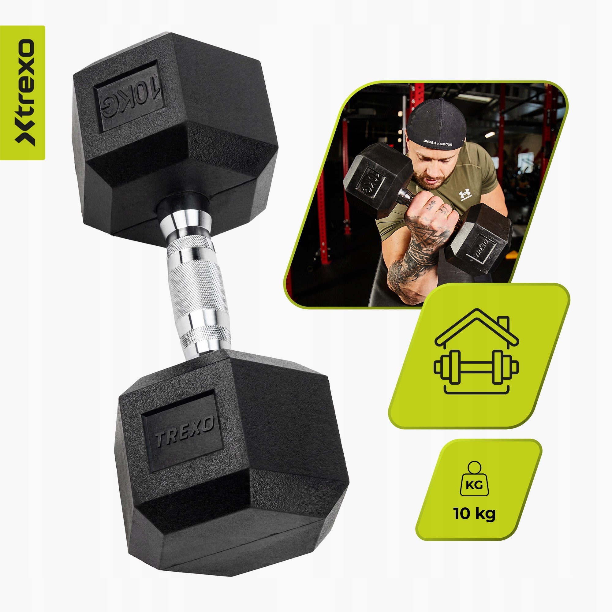 Rubberized dumbbell XTREXO Hex 10 kg HEXAGONAL ANTI-SLIP SOLID Brand Xtrexo