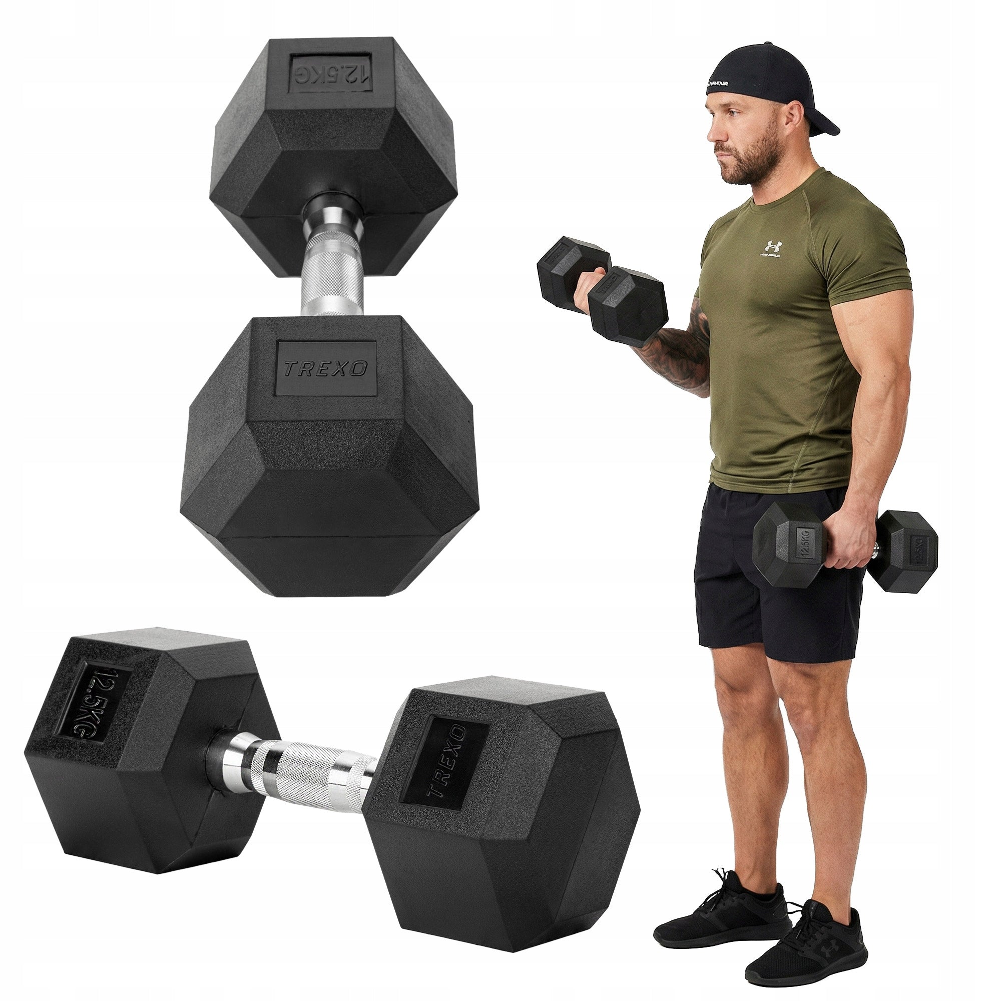 Rubberized dumbbell XTREXO Hex 12.5kg CAST IRON NON-SLIP FOR EXERCISE