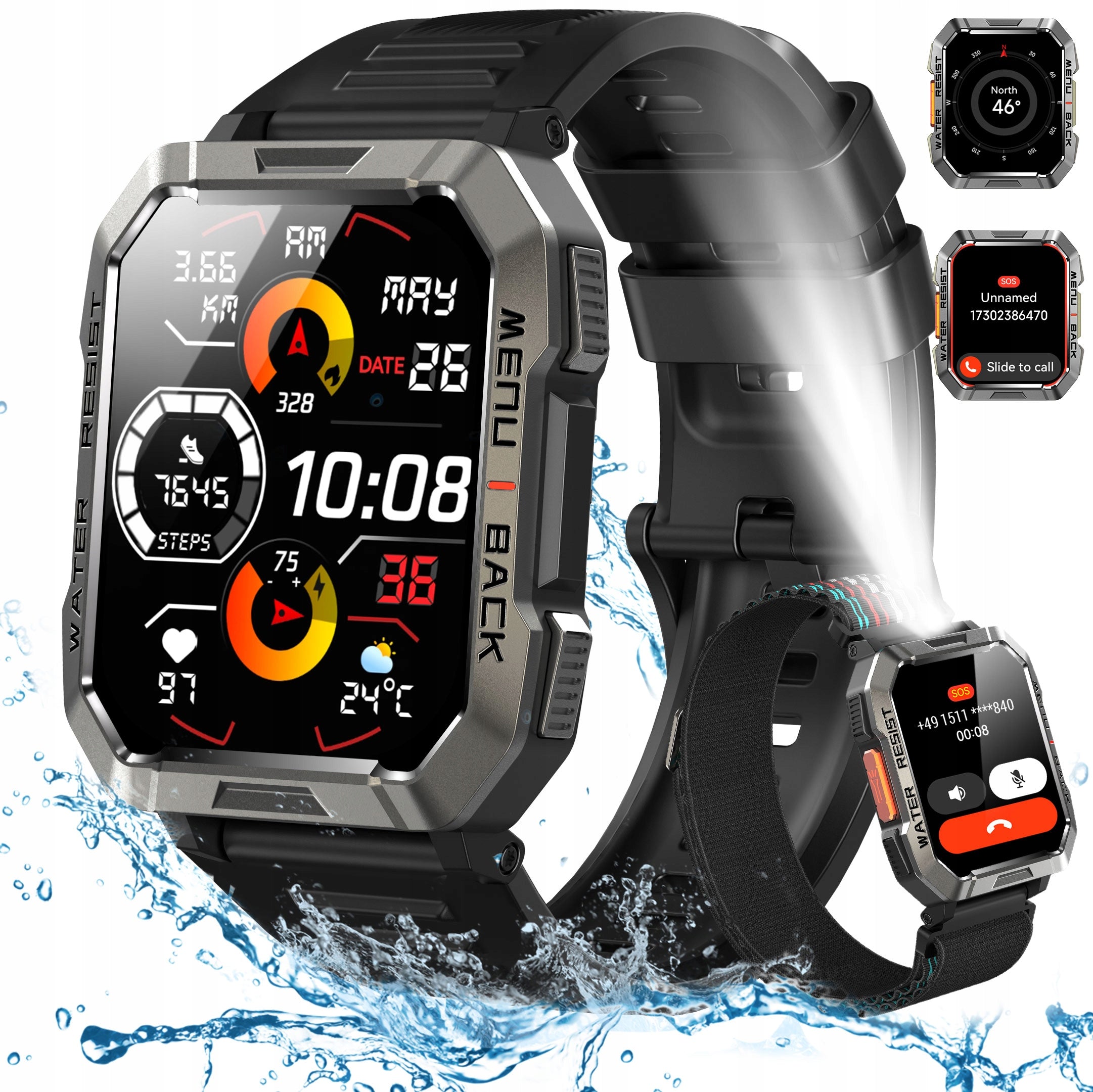 Rugged Smartwatch Waterproof Men's Watch 30-Day Battery PL Menu Calls SMS