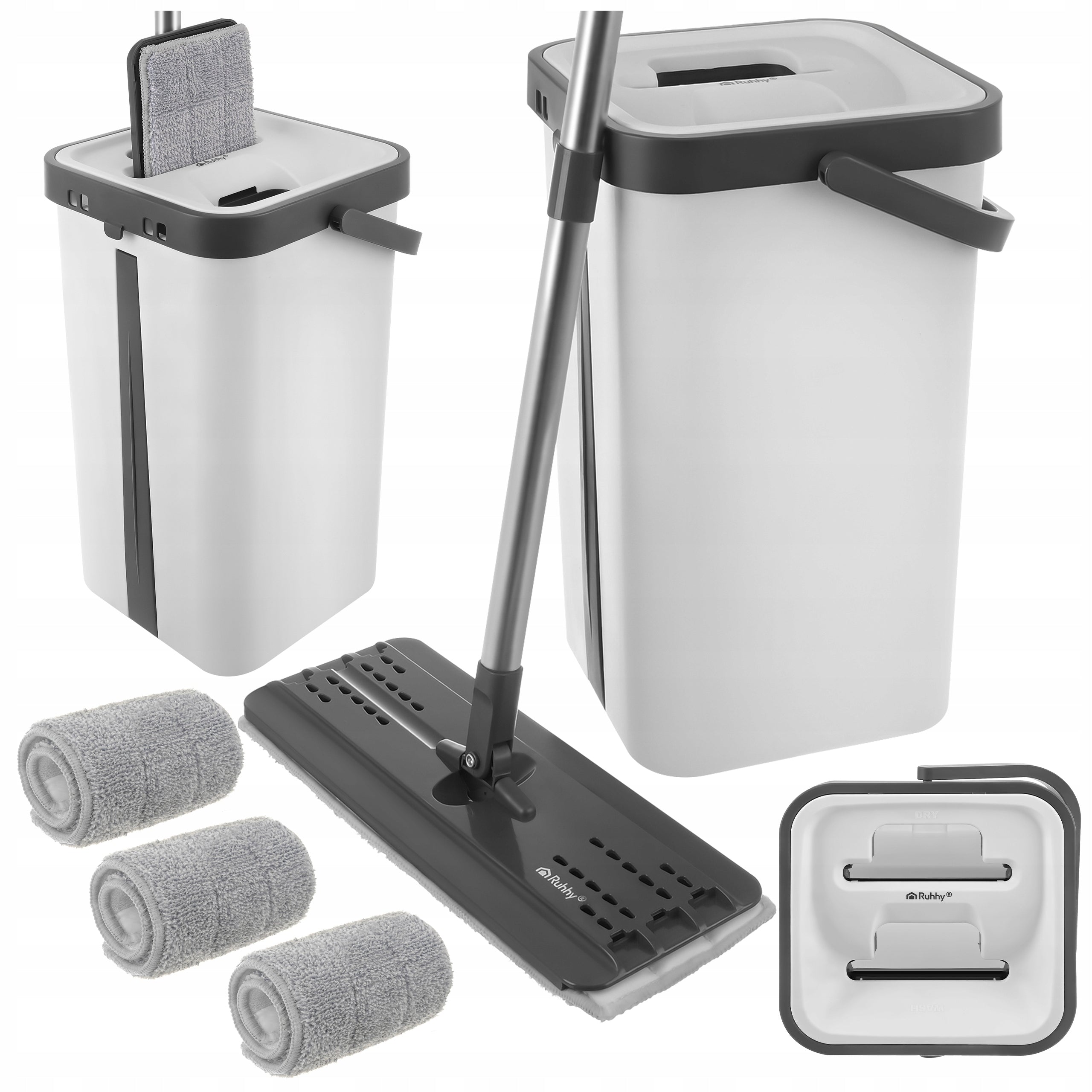Ruhhy flat mop with 11L two-chamber bucket + squeezer, 3 overlays