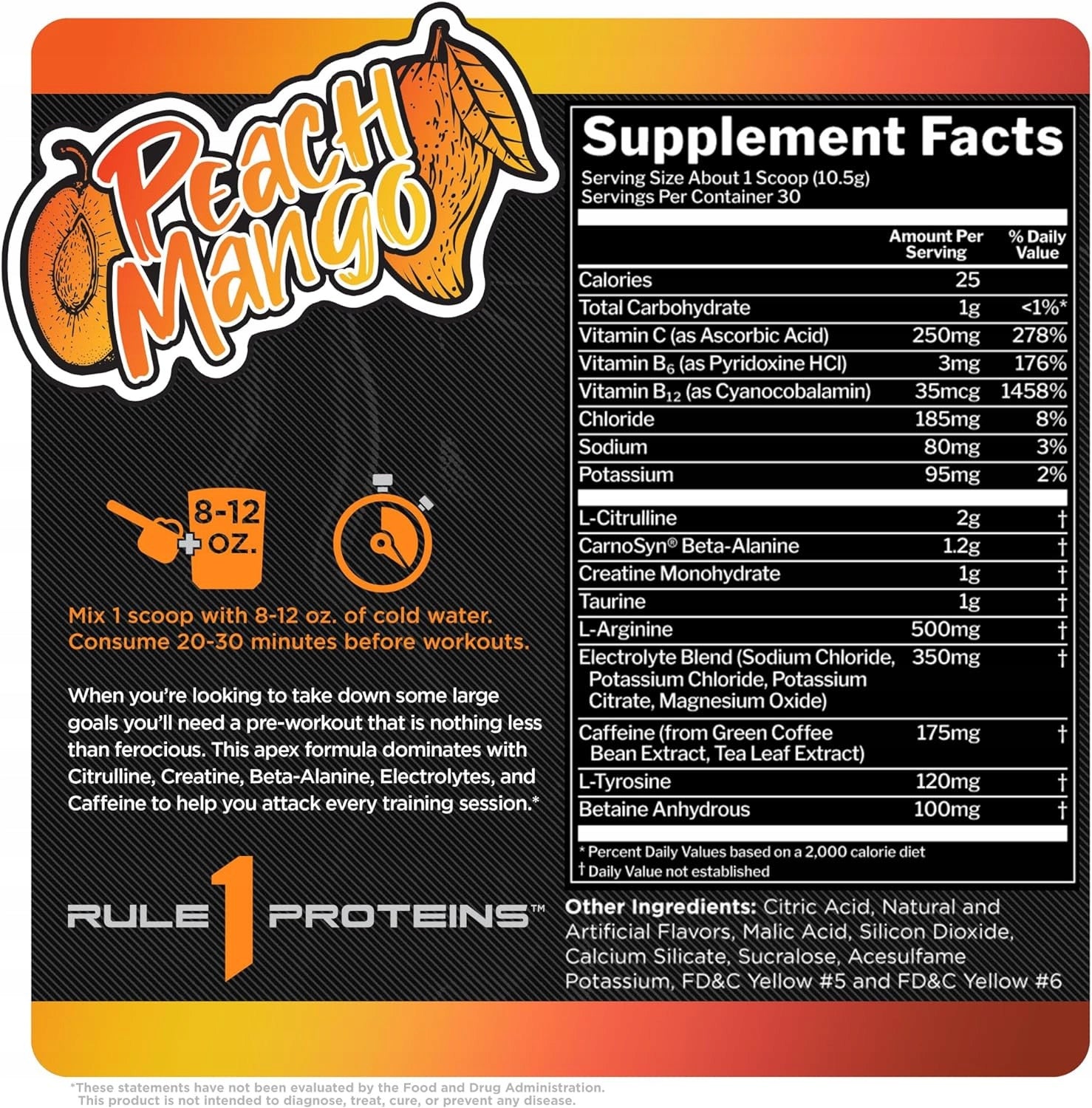 Rule One ROAR Pre-Workout 315 g Pre-workout 30 servings Peach Mango Expiration date at least 1 year from the date of purchase