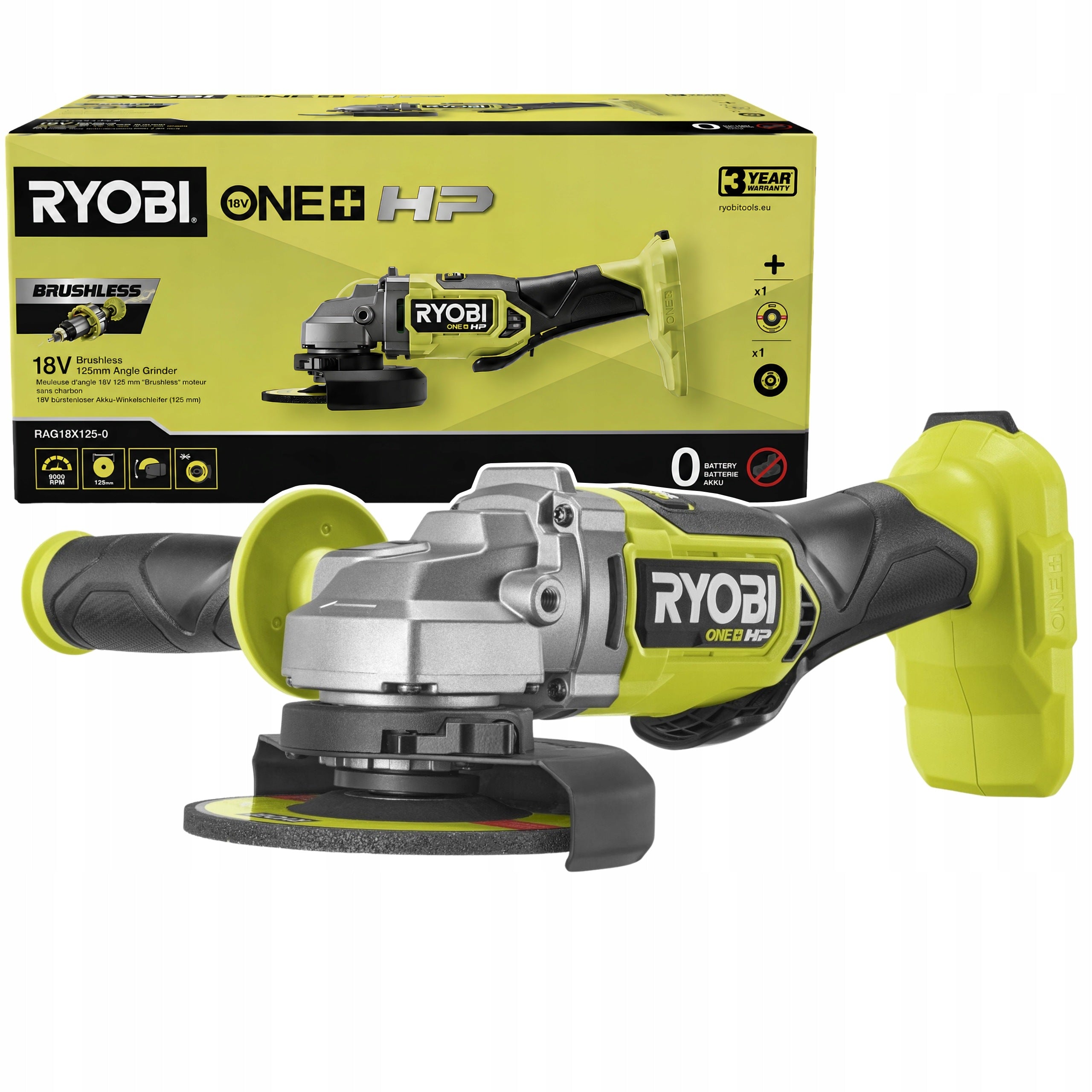 Ryobi RAG18X125 Brushless Angle Grinder Ø125mm ONE+ HP 18V SOLO Manufacturer code RAG18125-0